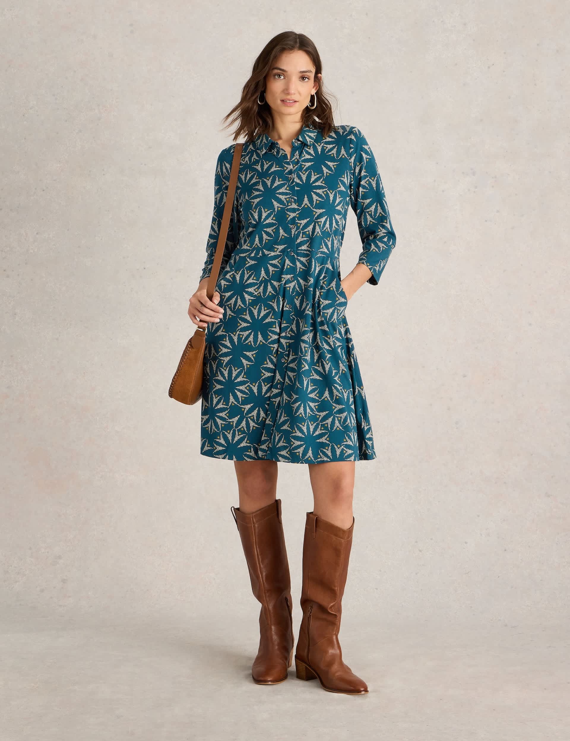 White Stuff Women's Jersey Printed Knee Length Shirt Dress - 14 - Teal Mix, Teal Mix