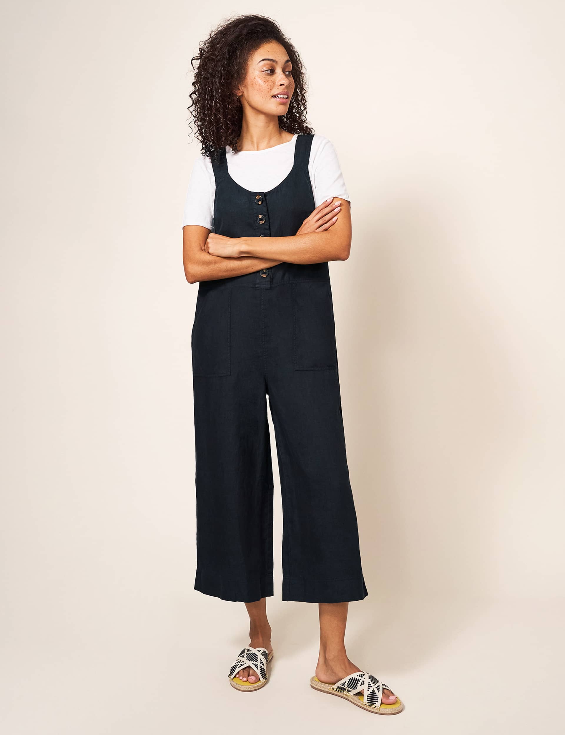 White Stuff Women's Pure Linen Cropped Wide Leg Dungarees - 10 - Black, Black