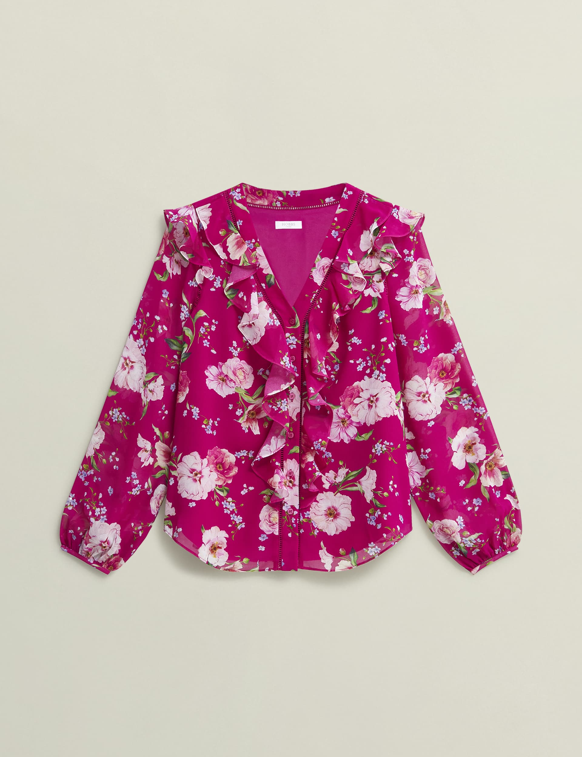 Hobbs Women's Floral V-Neck Frill Detail Blouse - 12 - Pink Mix, Pink Mix