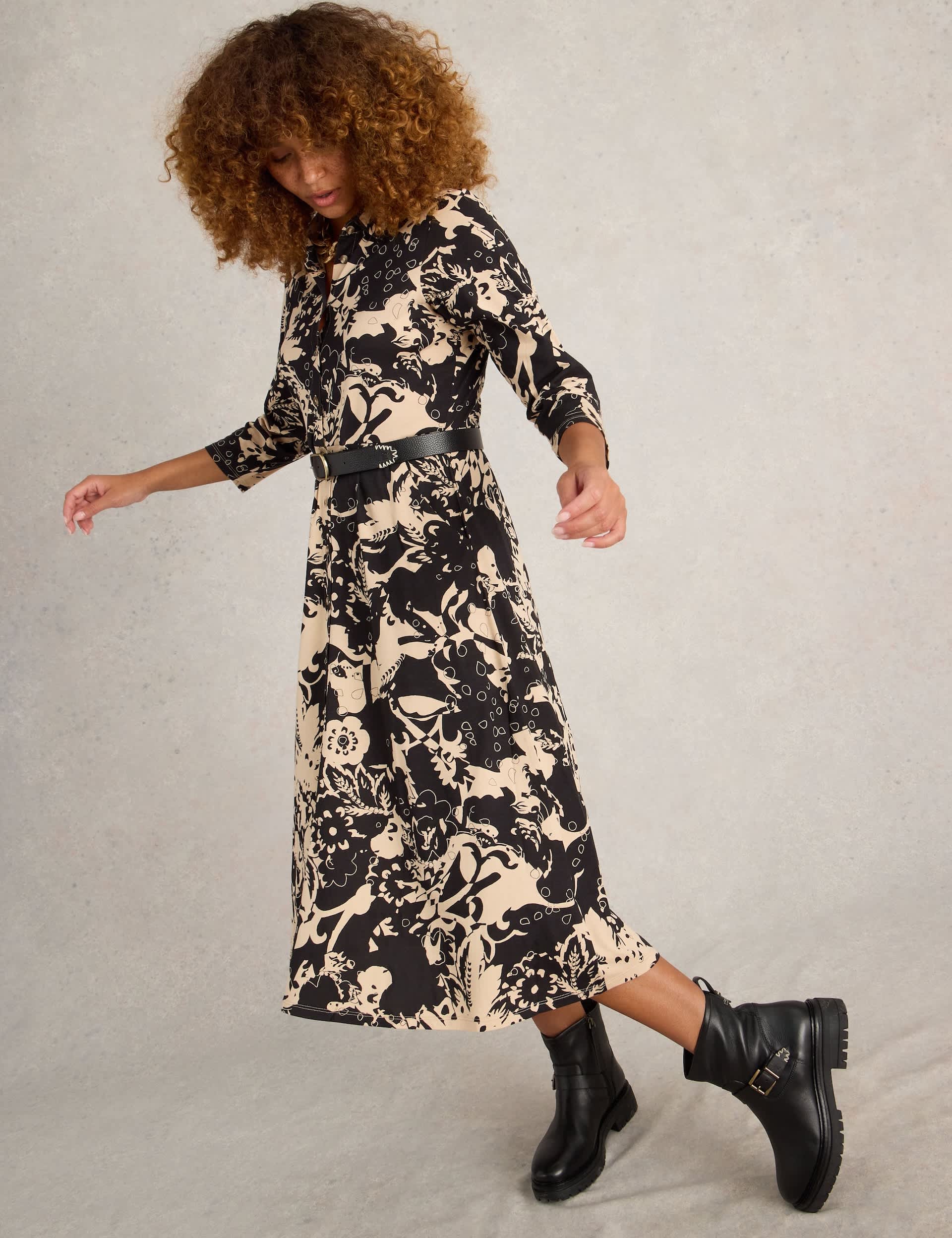 White Stuff Women's Jersey Floral Collared Midi Shirt Dress - 12REG - Black Mix, Black Mix