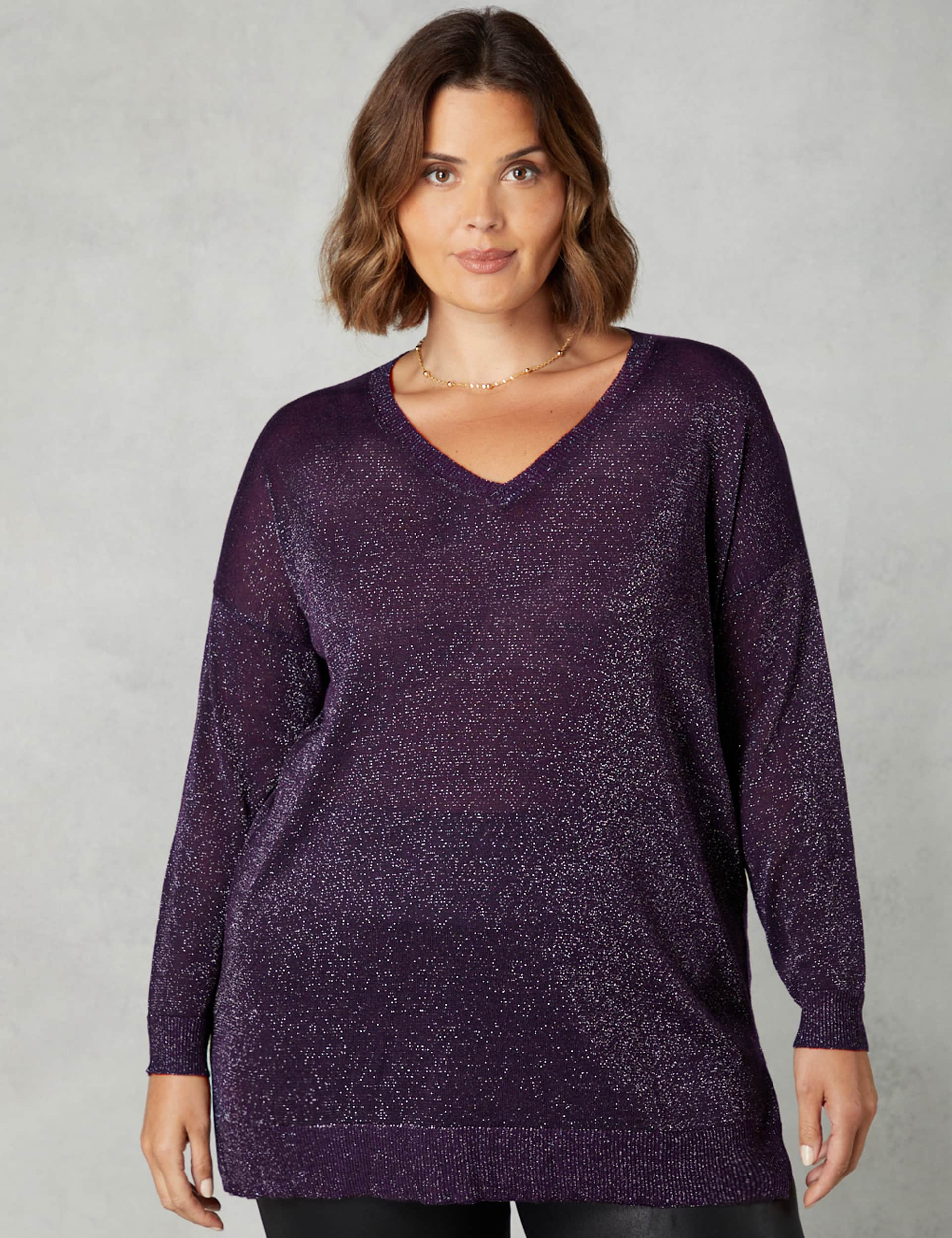 Live Unlimited London Women's Sparkly V-Neck Relaxed Longline Jumper - 20 - Purple, Purple