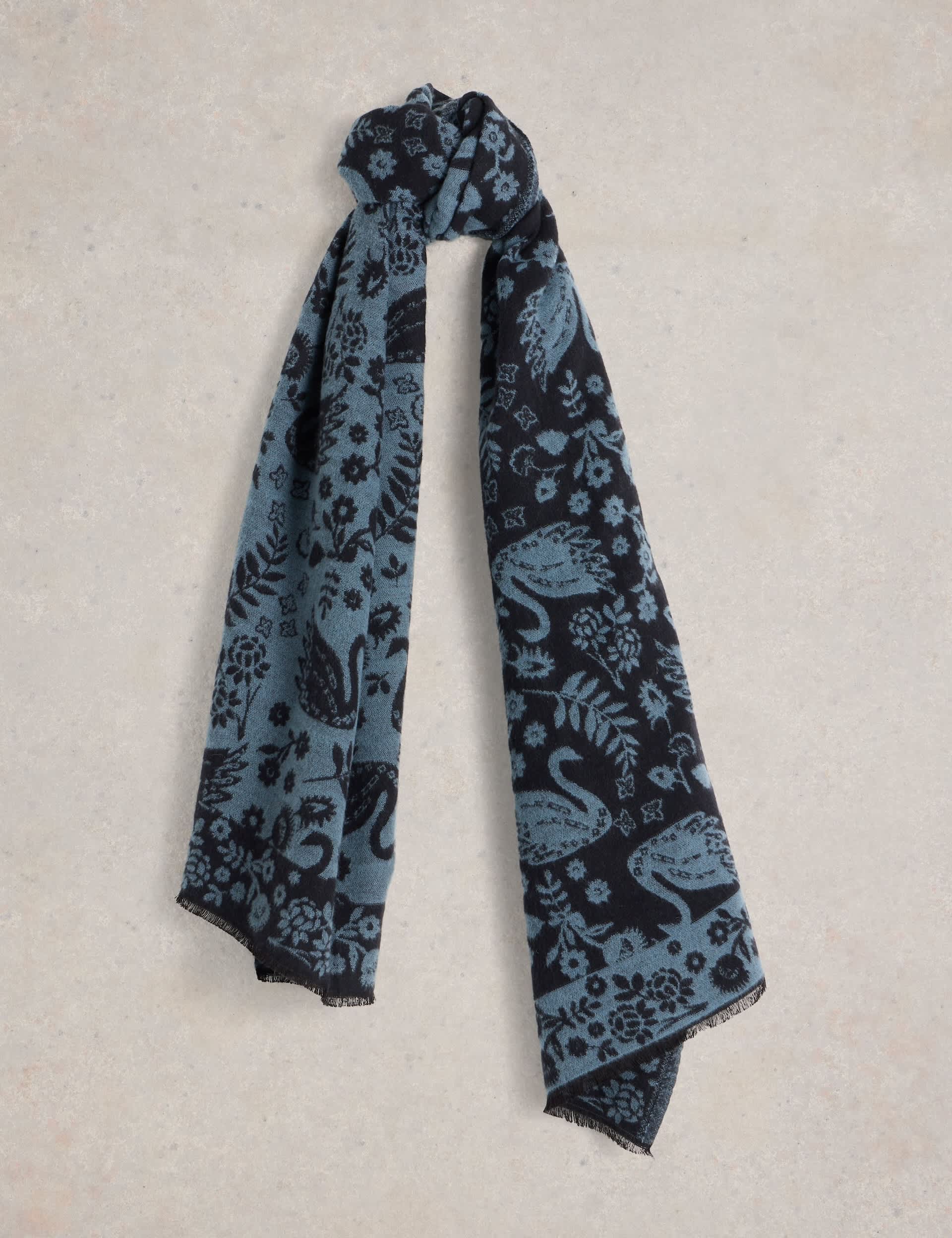 White Stuff Women's Cotton Rich Swan Print Scarf - Blue Mix, Blue Mix