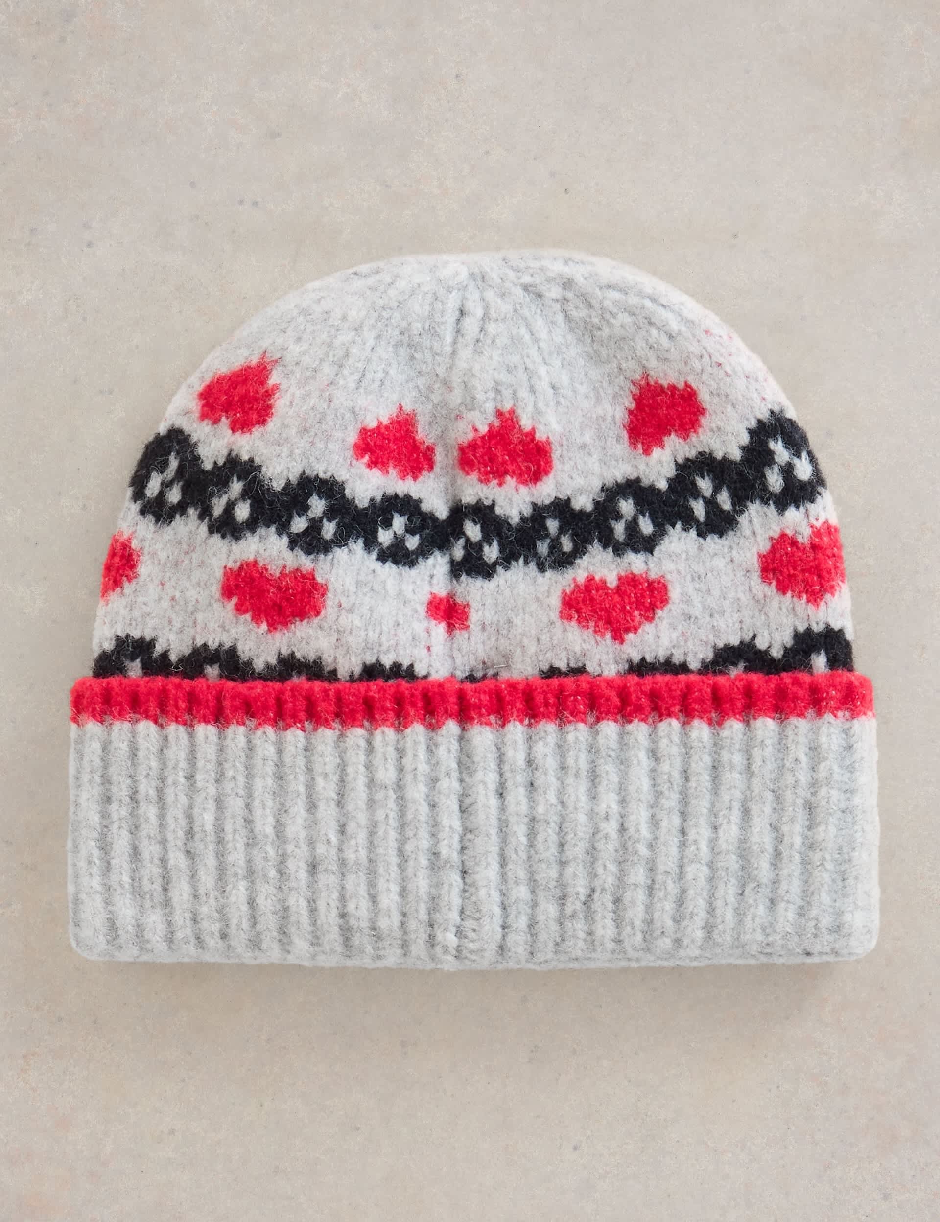 White Stuff Women's Heart Fair Isle Beanie Hat with Wool - Grey Mix, Grey Mix