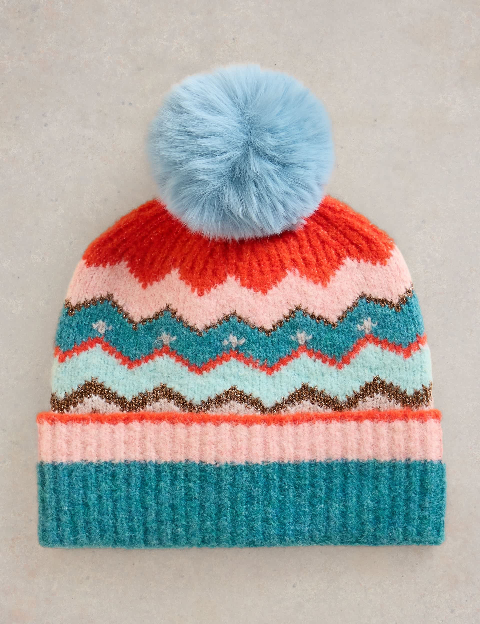 White Stuff Women's Fair Isle Beanie Hat with Wool - Teal Mix, Teal Mix