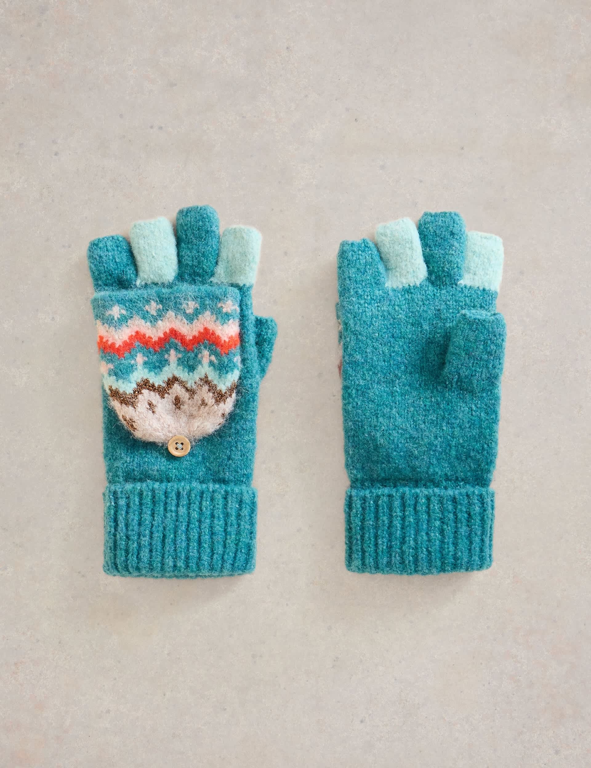 White Stuff Women's Knitted Zig Zag Mittens with Wool - Teal Mix, Teal Mix