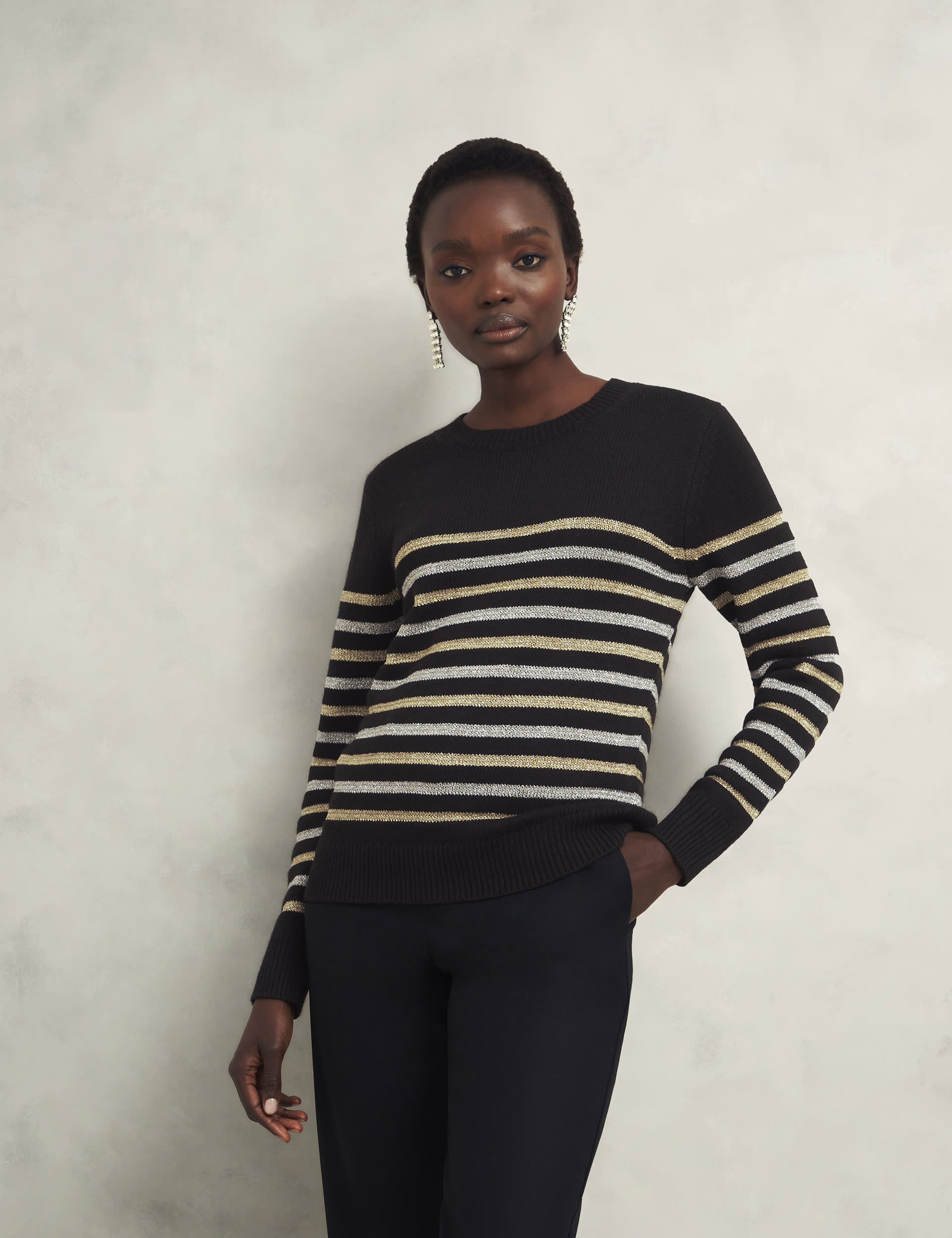 Hobbs Women's Striped Jumper with Wool - Black Mix, Black Mix