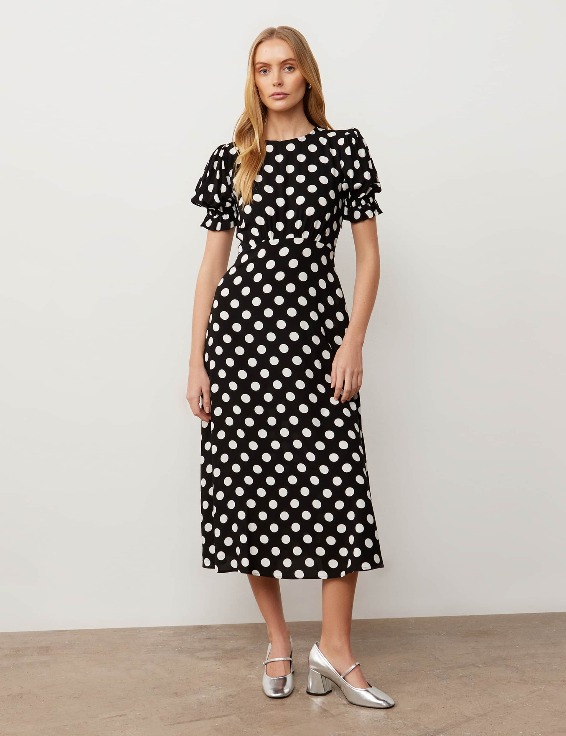 Finery London Women's Pollka Dot Round Neck Midi Tea Dress - 12 - Black Mix, Black Mix