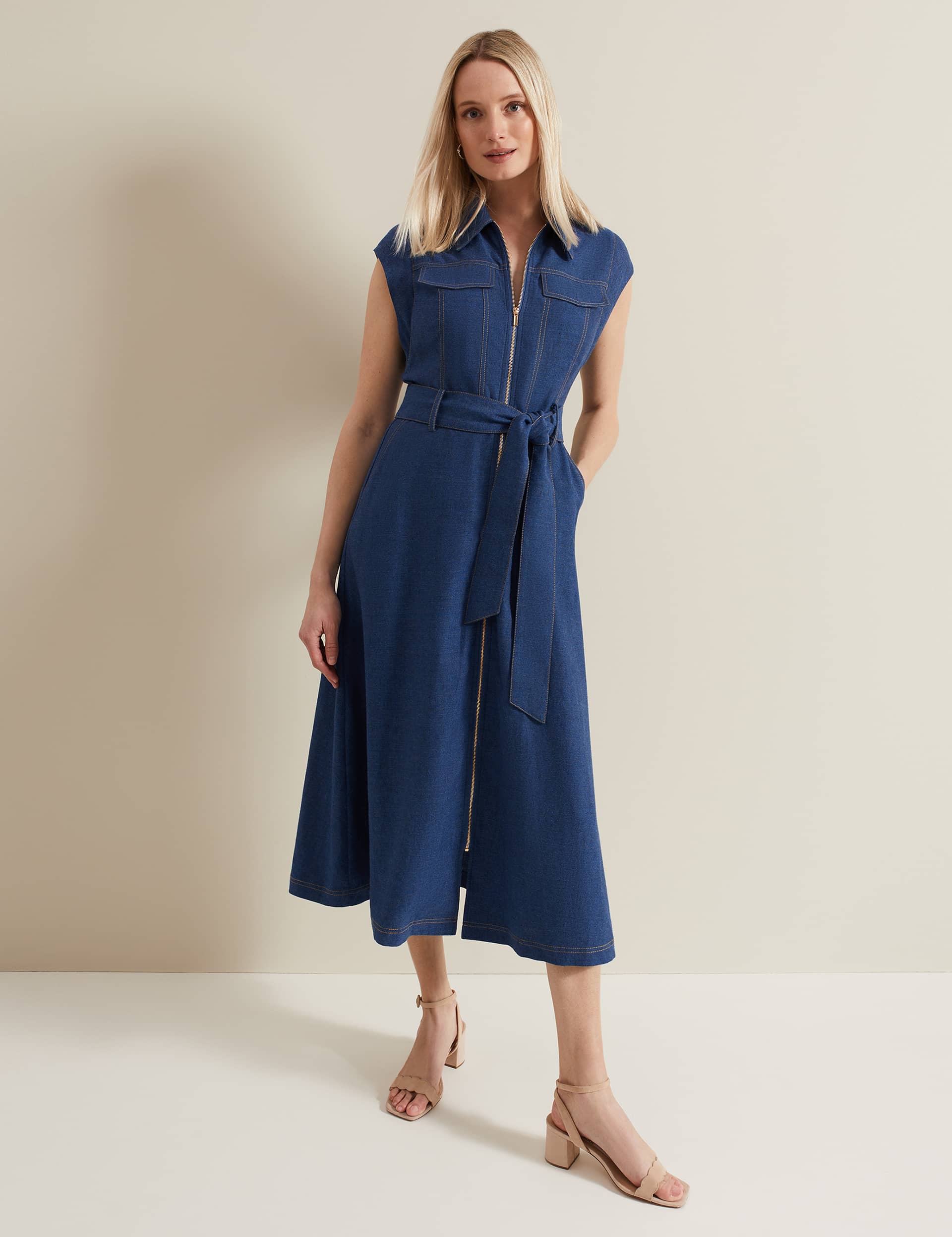 Phase Eight Women's Linen Rich Denim Midi Shirt Dress - 6 - Blue, Blue