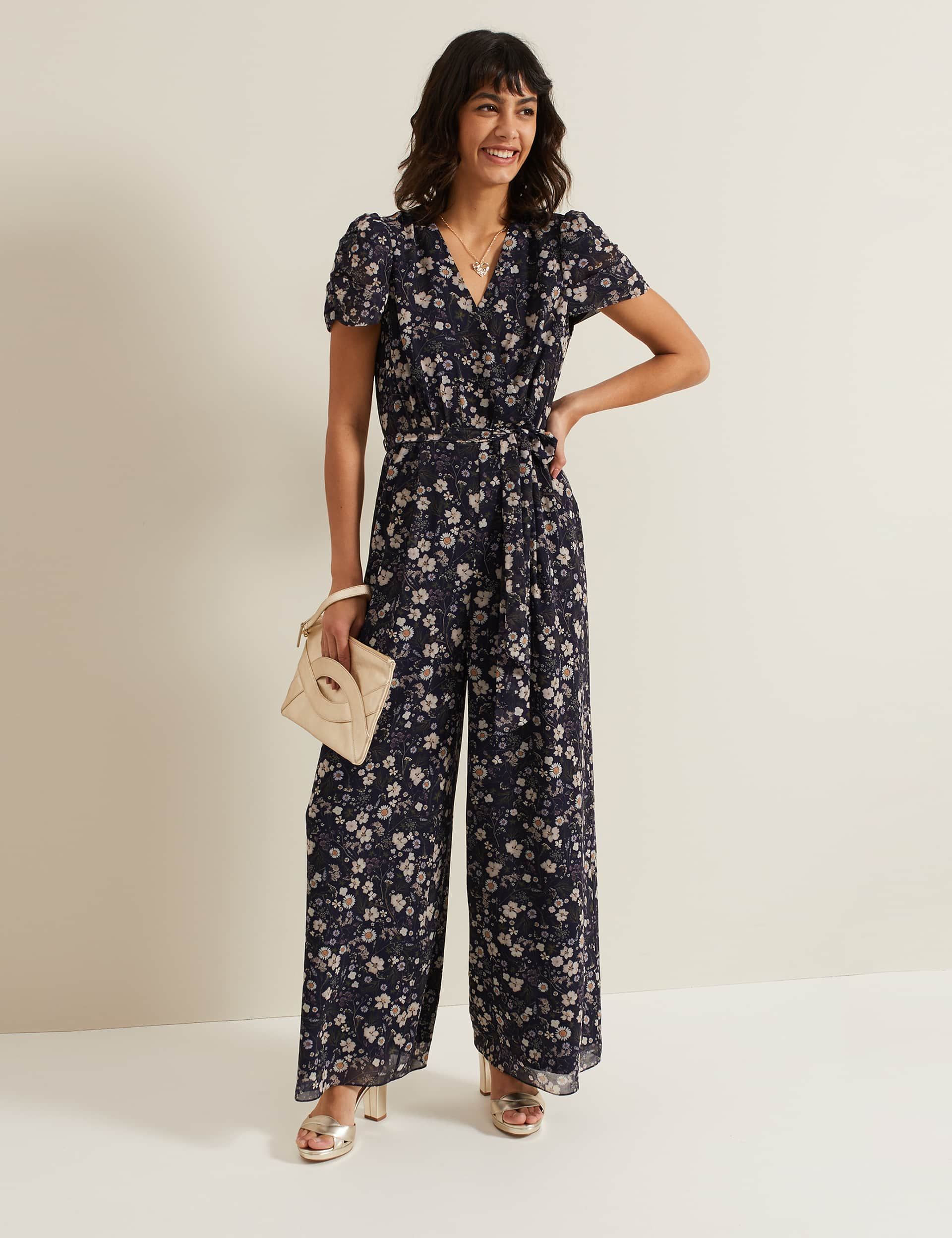 Phase Eight Women's Floral Tie Waist Short Sleeve Jumpsuit - 12 - Navy Mix, Navy Mix