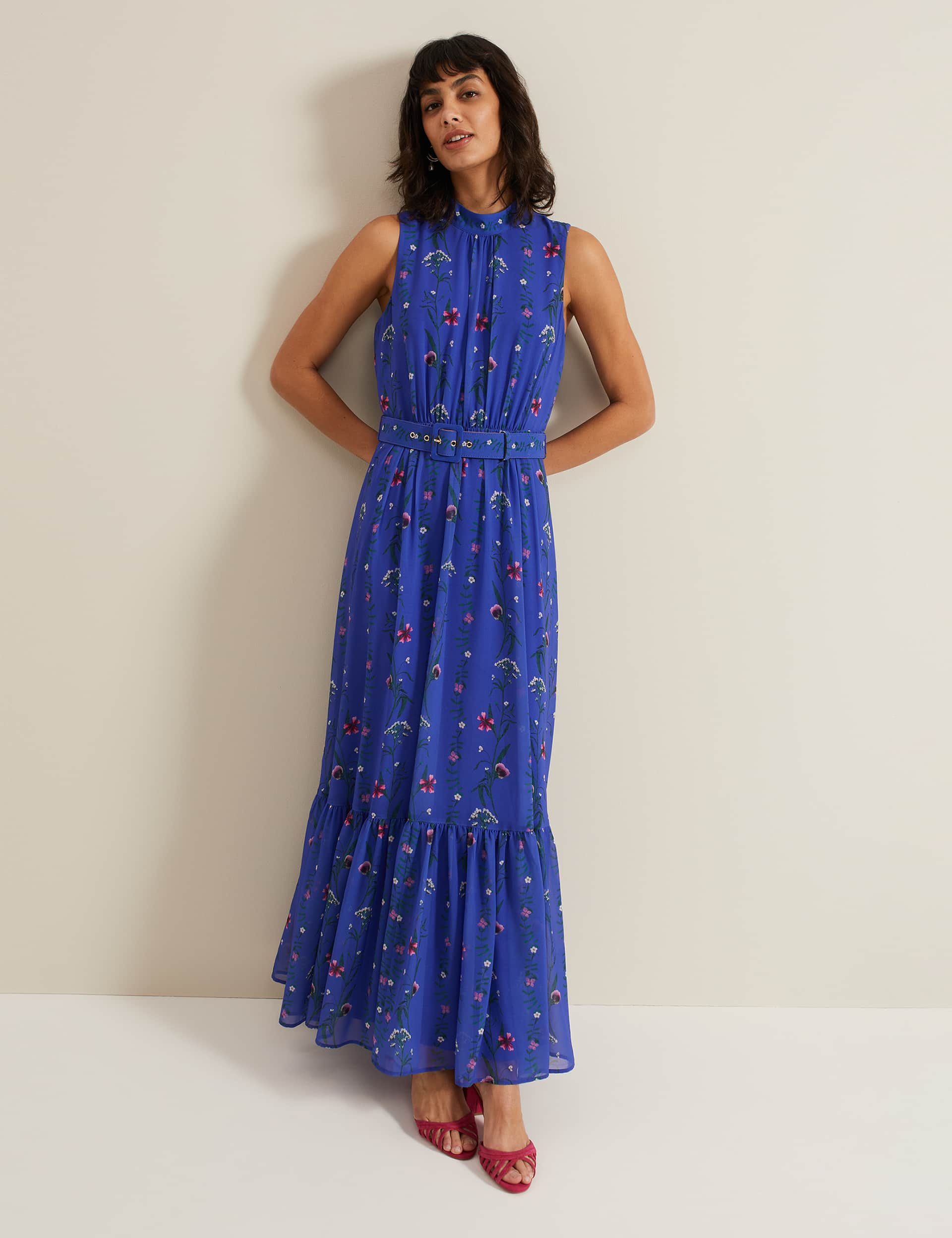 Phase Eight Women's Floral Belted Maxi Tiered Dress - 14 - Blue Mix, Blue Mix