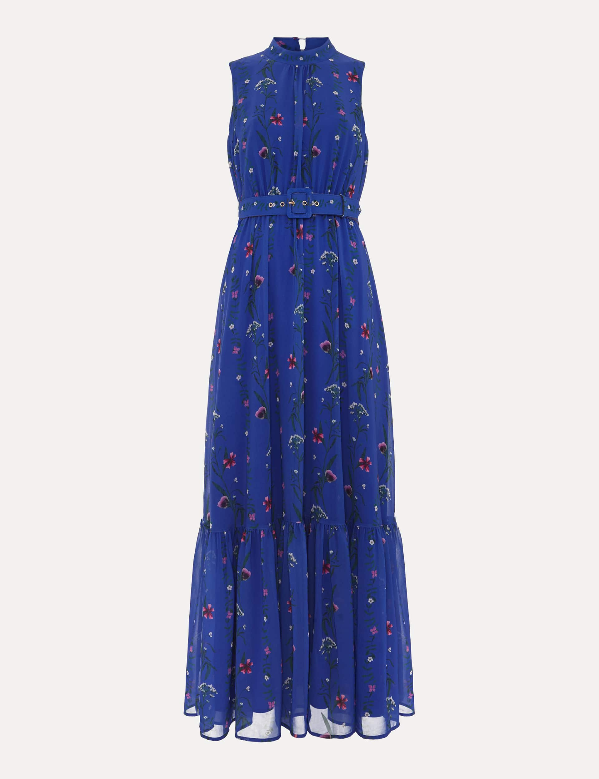 Phase Eight Women's Floral Tie Waist Maxi Tiered Dress - 14 - Blue Mix, Blue Mix