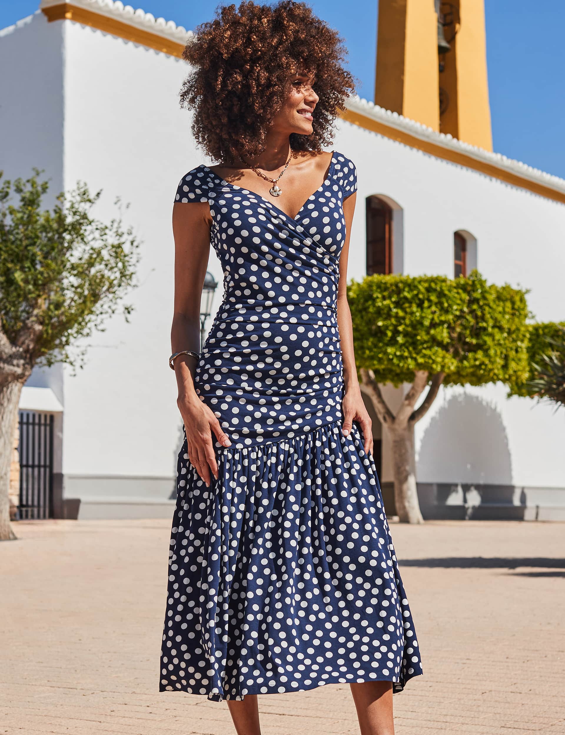 Sosandar Women's Jersey Spot Print Bardot Midi Wrap Dress