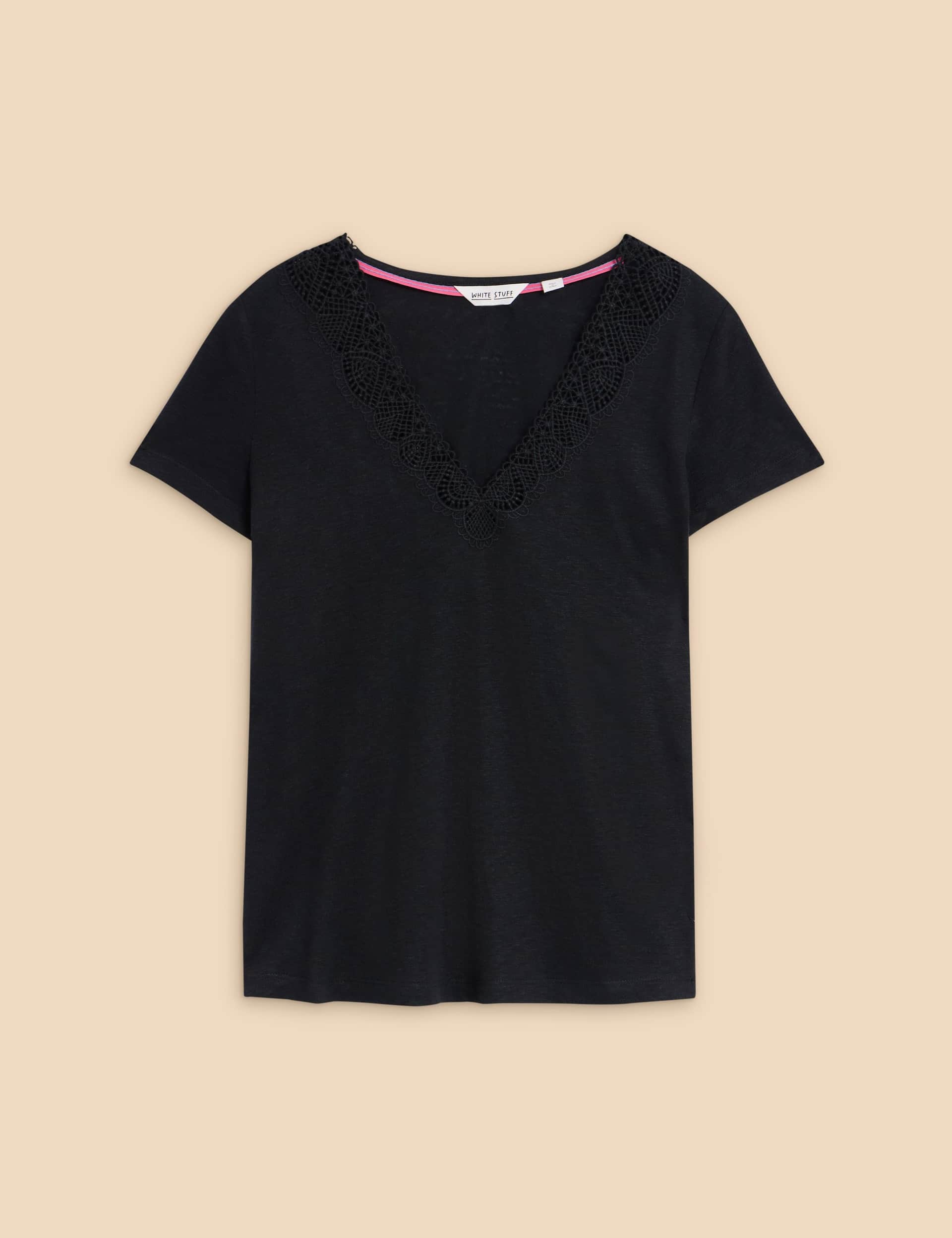 White Stuff Women's Linen Rich Lace Insert T-Shirt - 18 - Black, White,Black