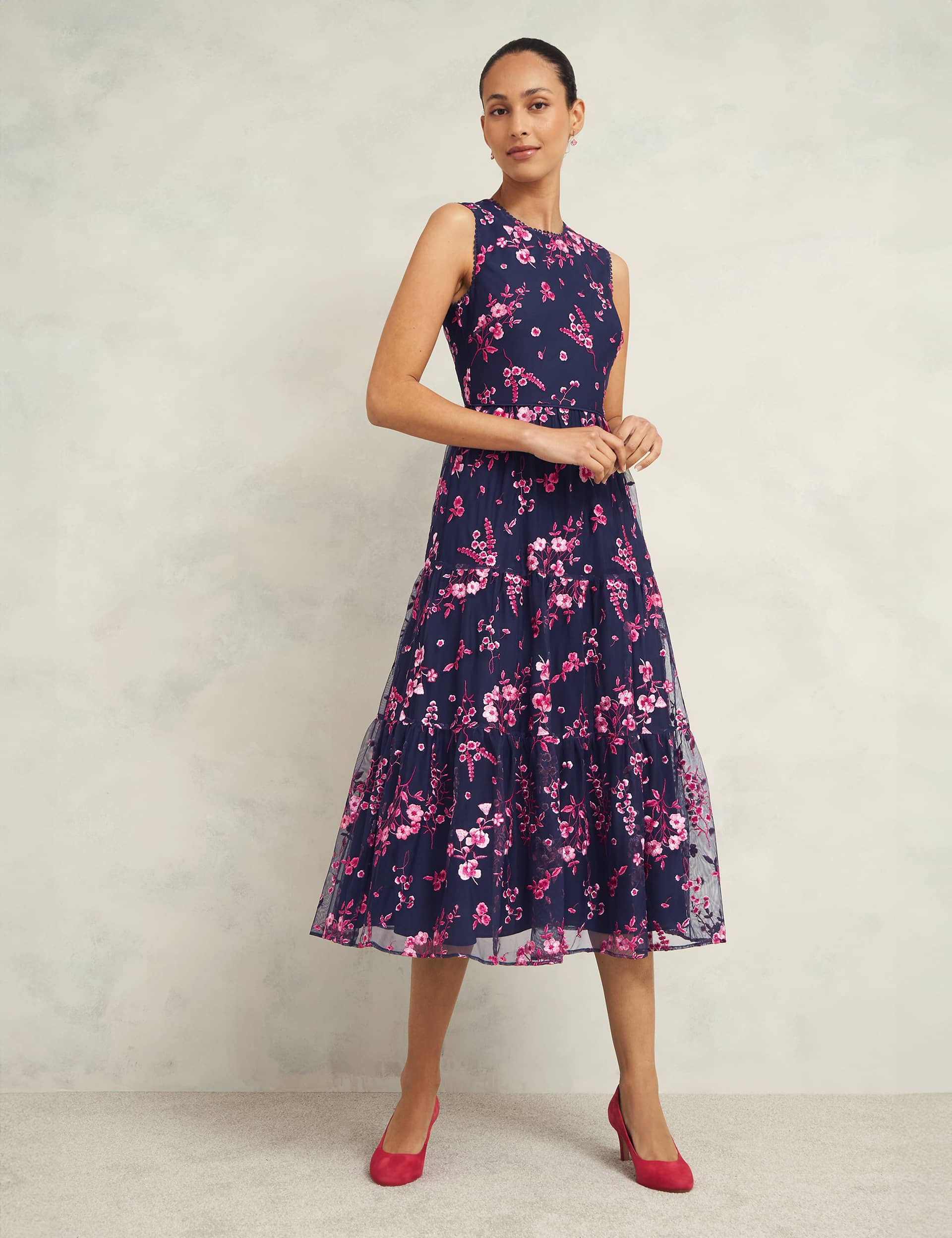 Hobbs Women's Floral Embroidered Midi Waisted Dress - 12 - Navy Mix, Navy Mix