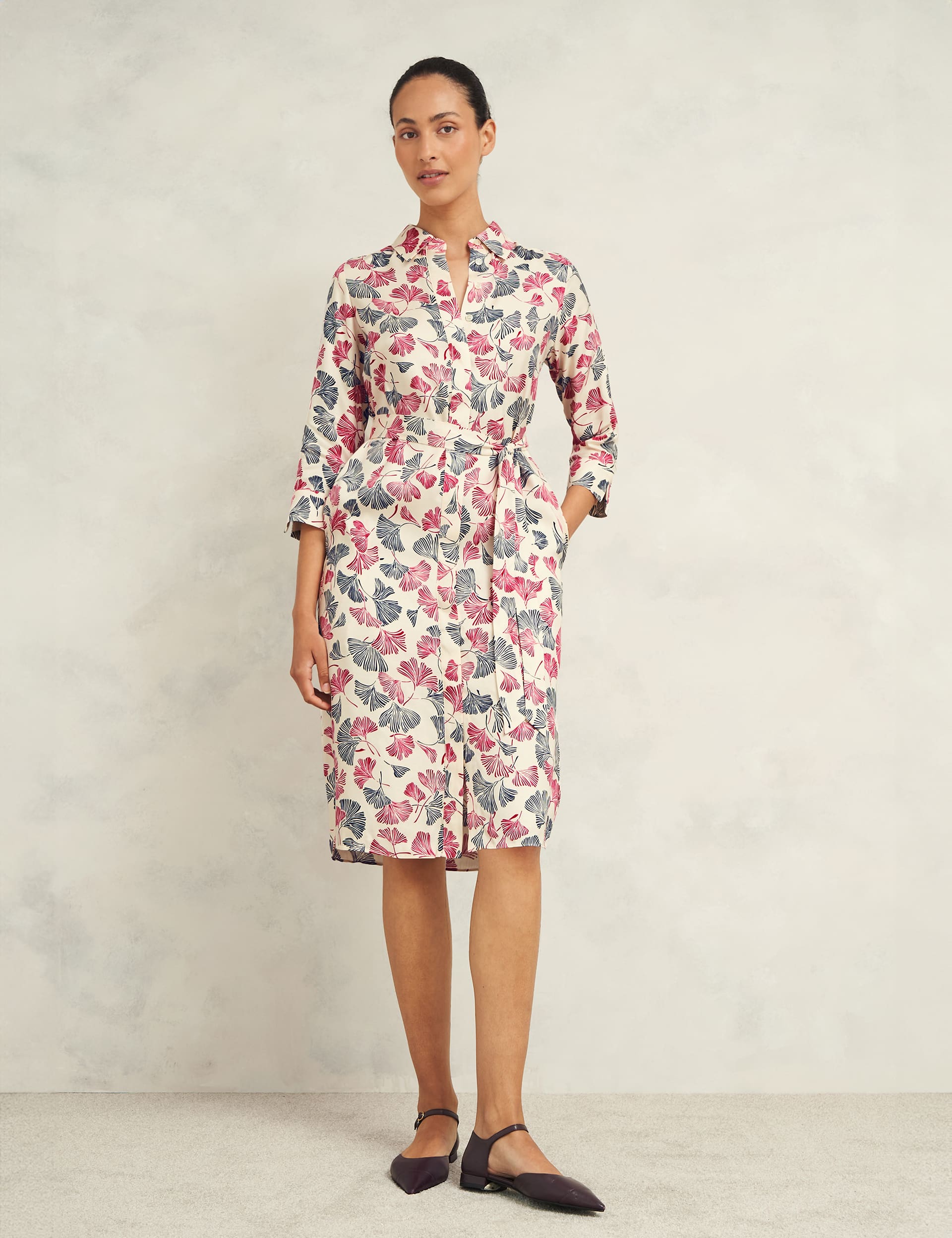 Hobbs Women's Floral Tie Waist Button Through Shirt Dress