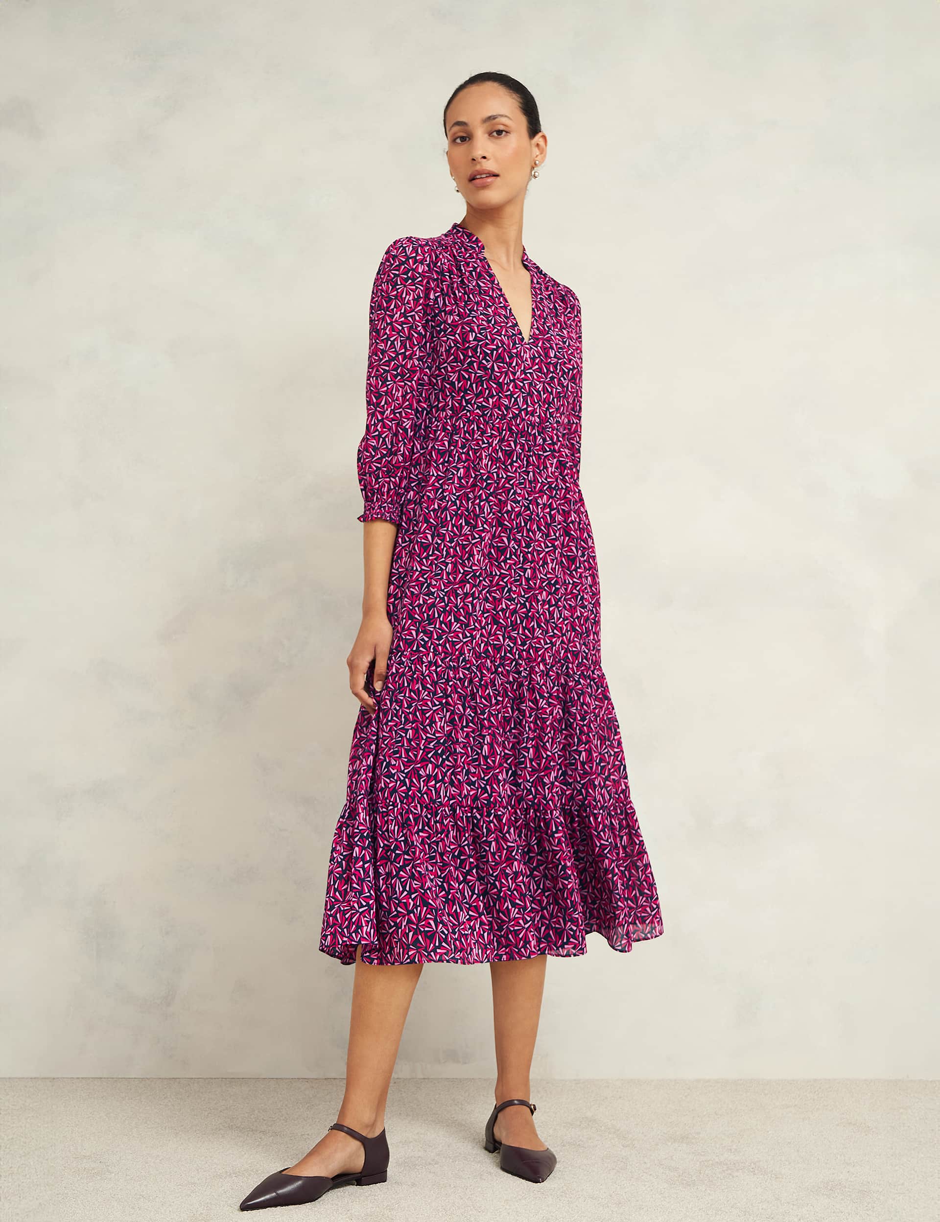 Hobbs Women's Printed V-Neck Midi Tiered Dress