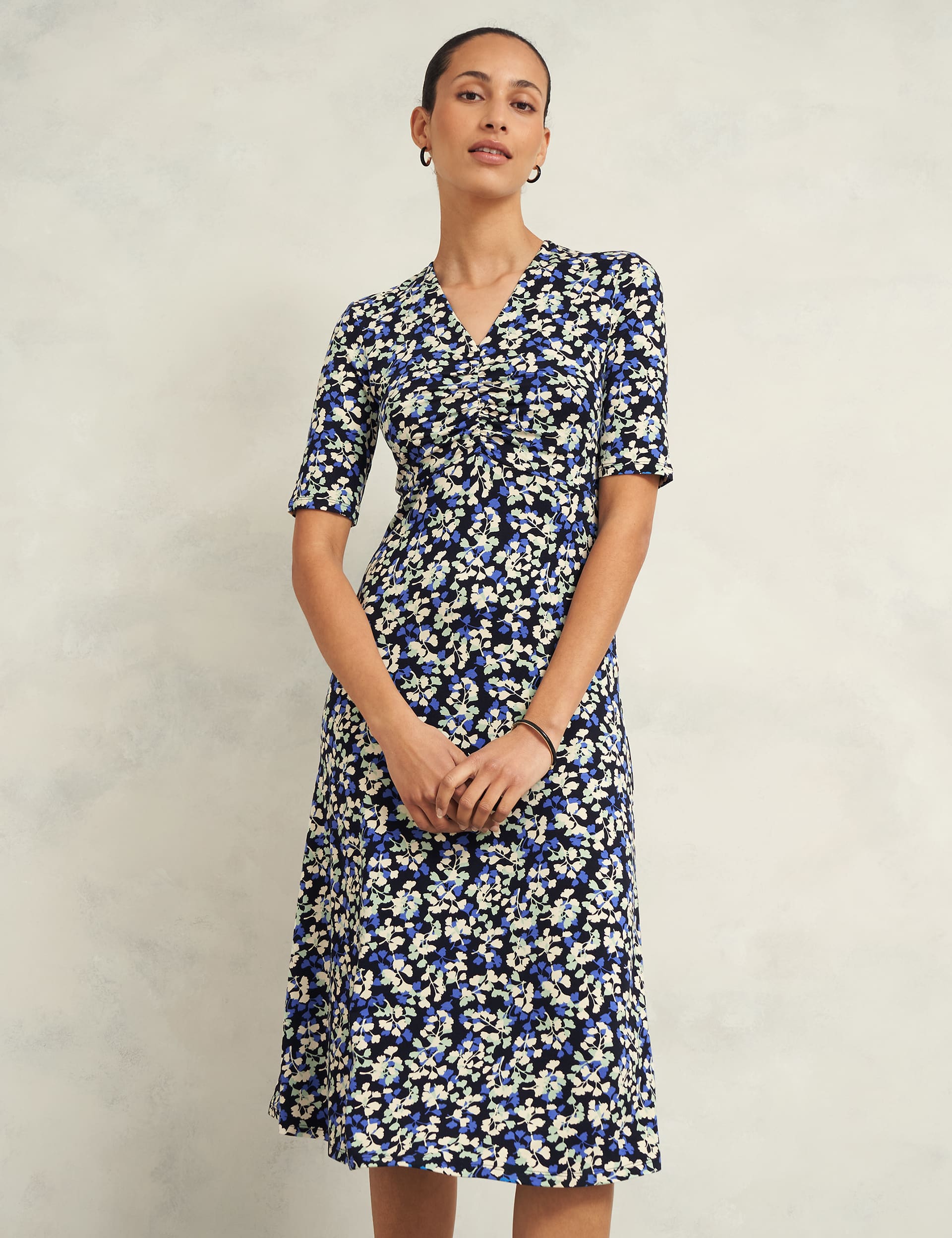 Hobbs Women's Jersey Floral V-Neck Midi Skater Dress - 6PET - Navy Mix, Navy Mix