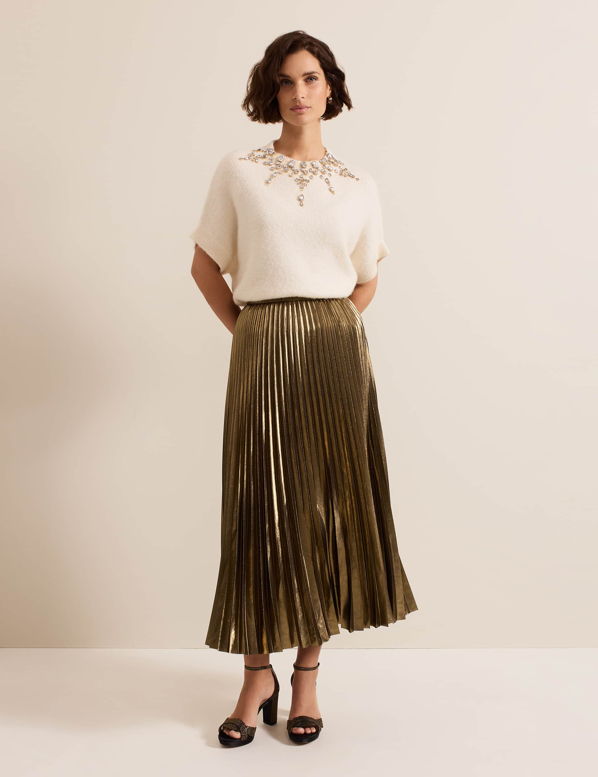 Phase Eight Women's Metallic Pleated Midi Skirt - 12 - Gold, Gold