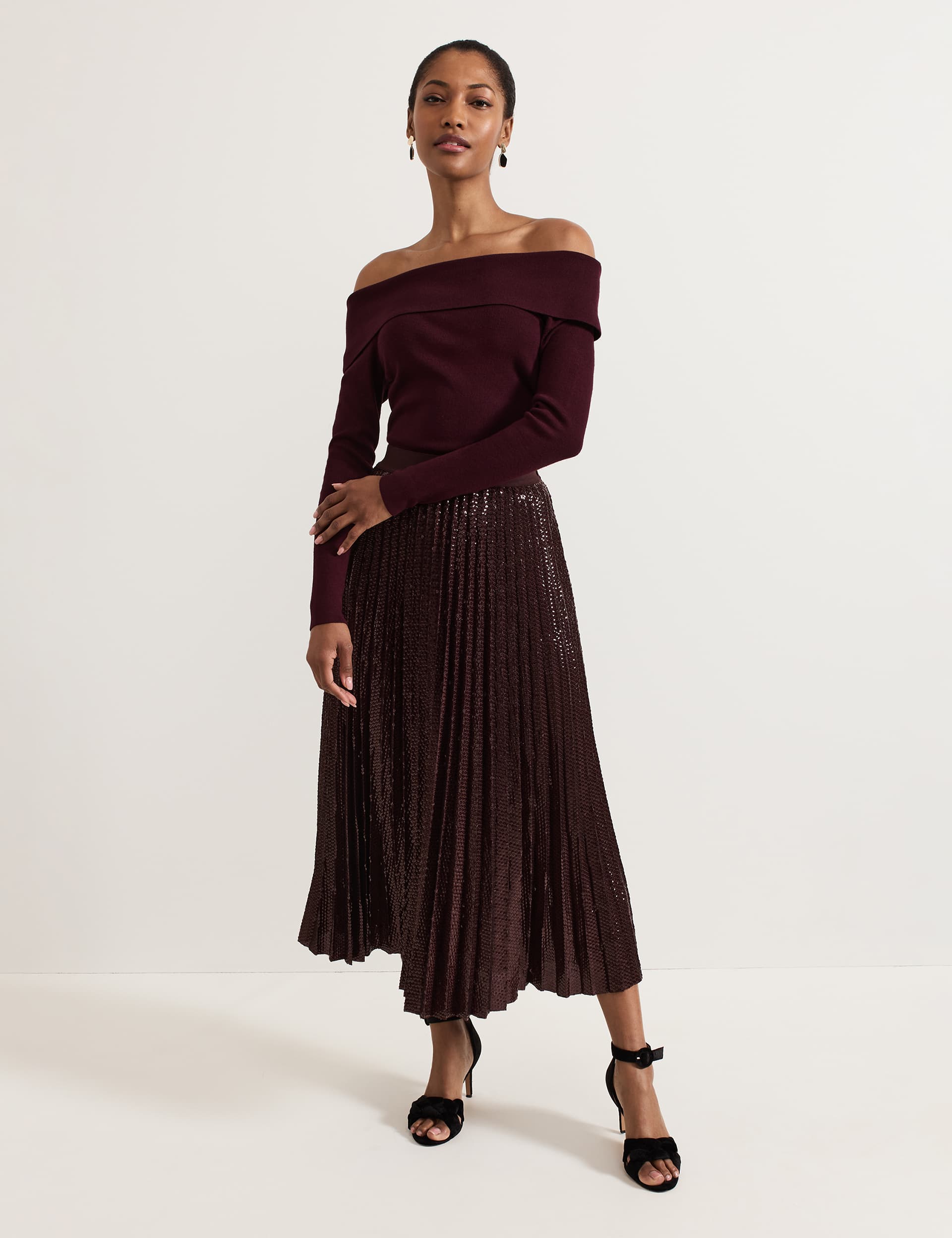 Phase Eight Women's Sequin Pleated Midi Skirt - 14 - Burgundy, Burgundy