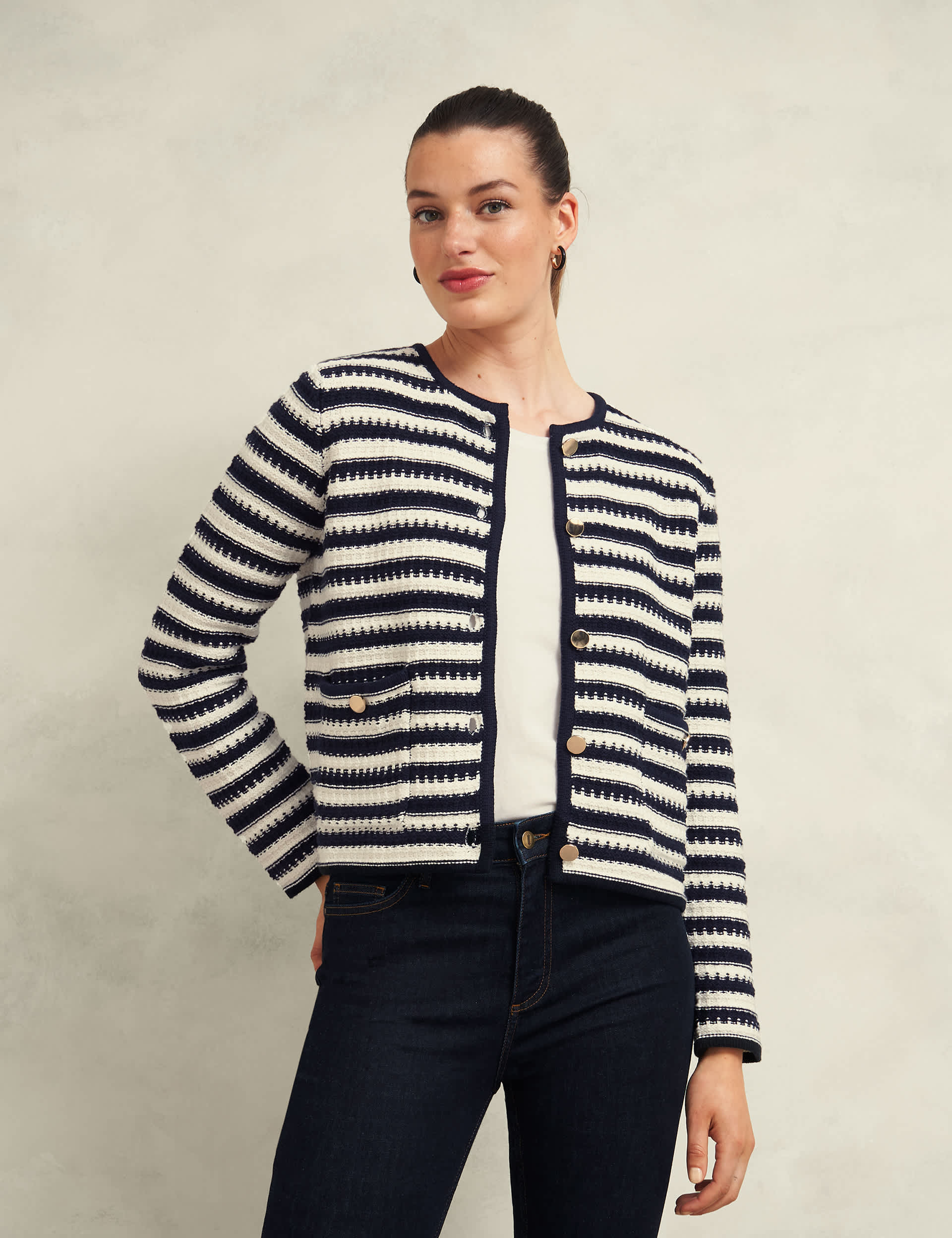 Hobbs Women's Pure Cotton Striped Knitted Jacket - M - Navy Mix, Navy Mix