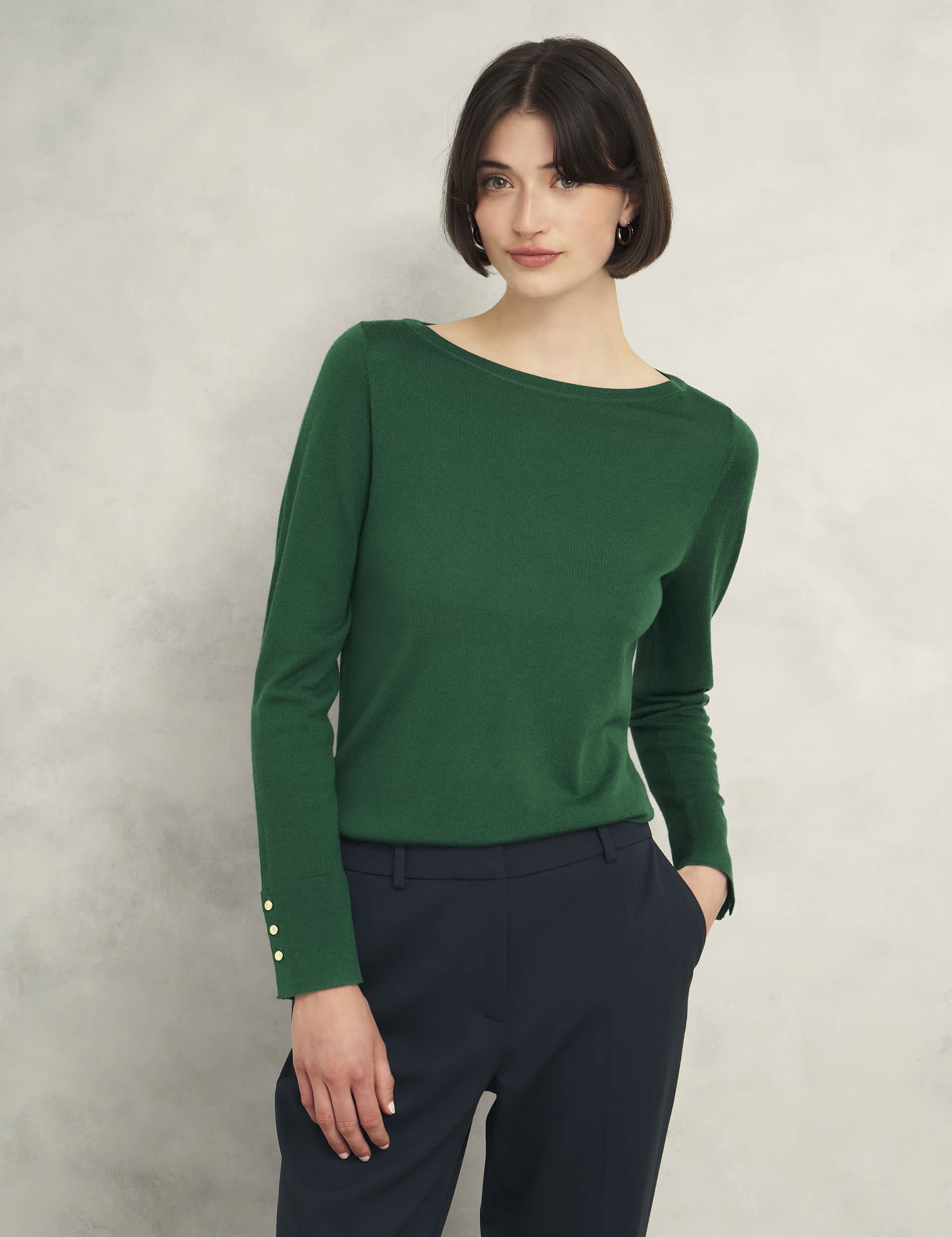 Hobbs Women's Pure Merino Wool Slash Neck Jumper - Green, Green,Navy