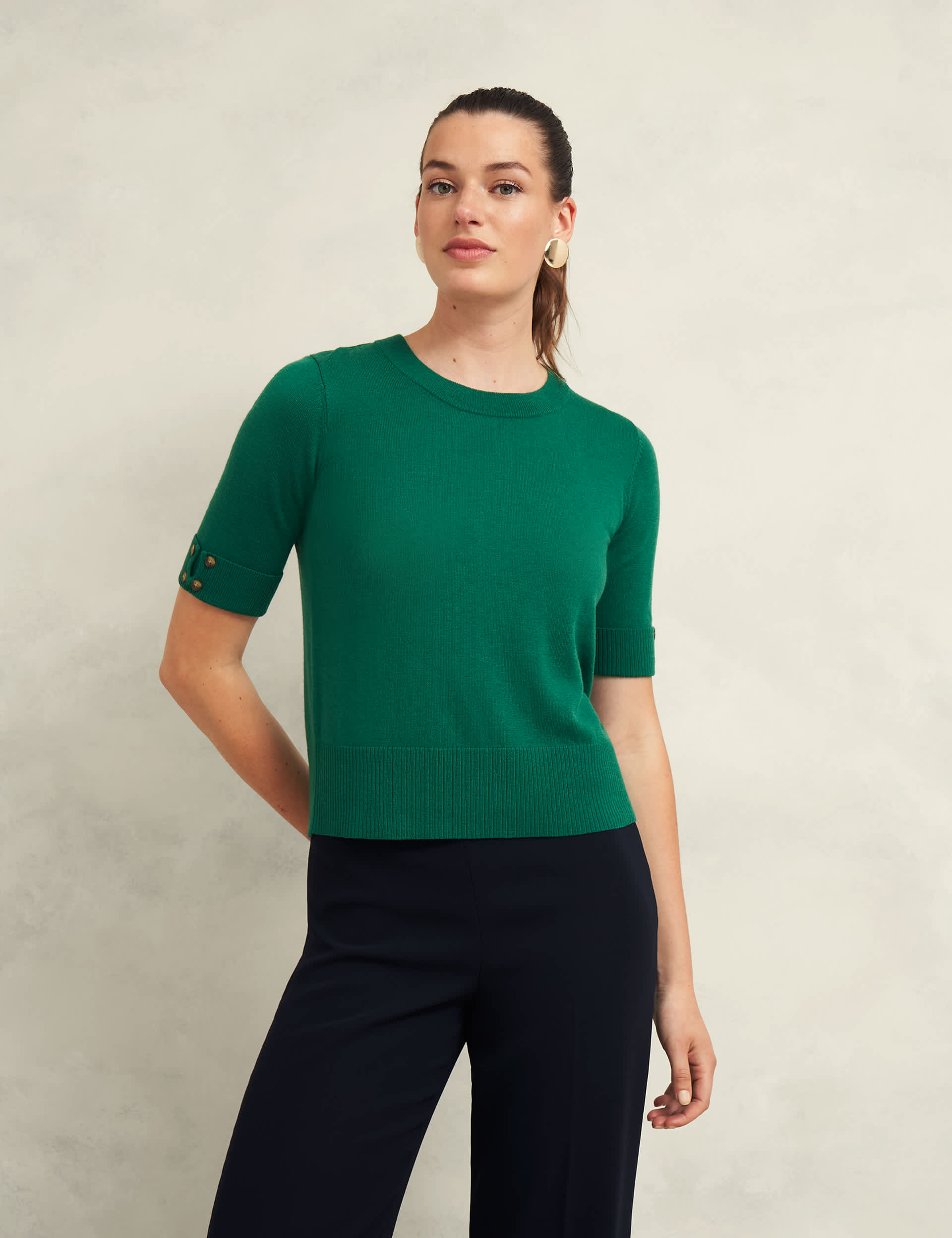 Hobbs Women's Short Sleeve Crew Neck Jumper with Merino Wool - Green, Green