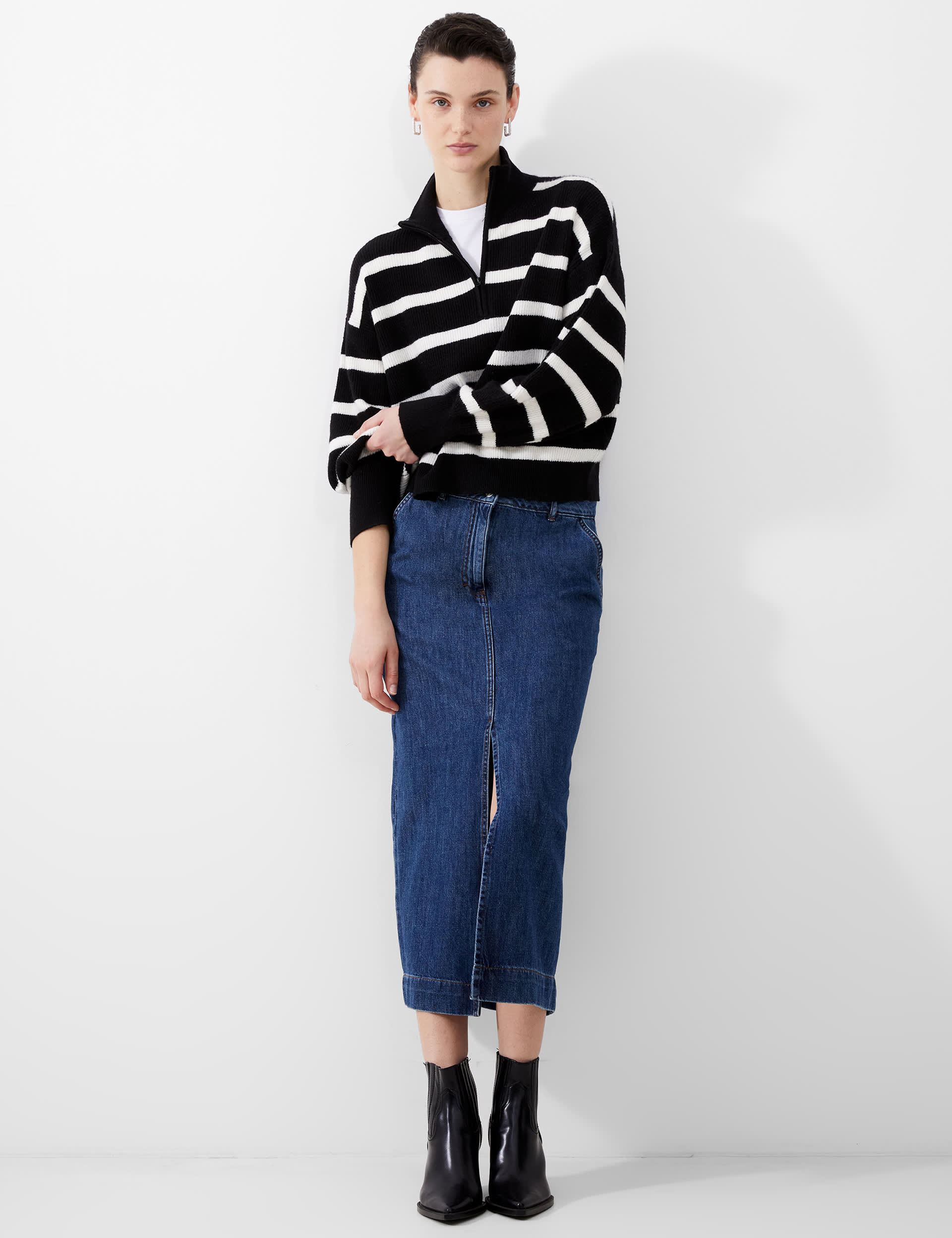 French Connection Women's Striped Roll Neck Half Zip Jumper with Wool