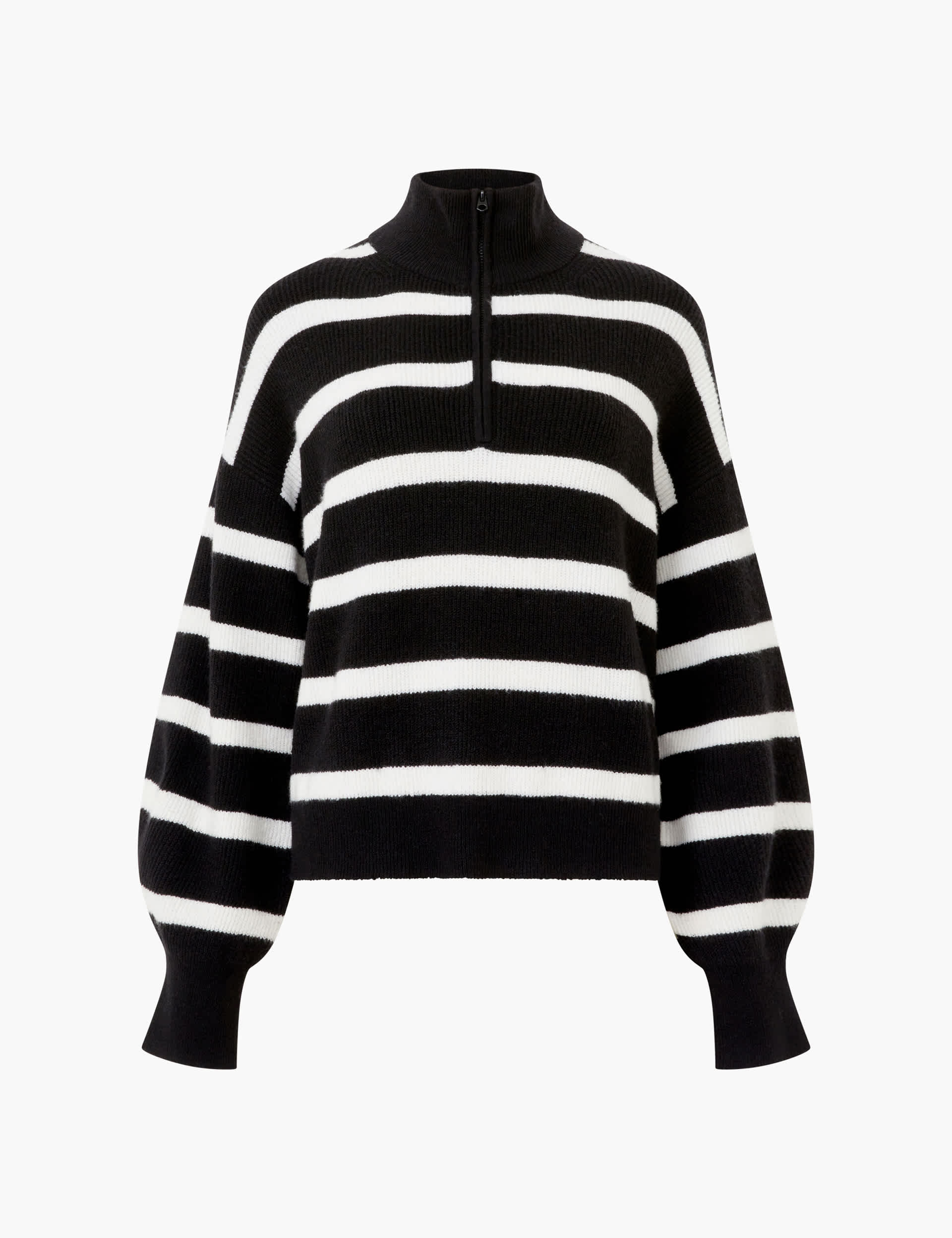 French Connection Women's Striped Roll Neck Half Zip Jumper with Wool - Black Mix, Black Mix,White M