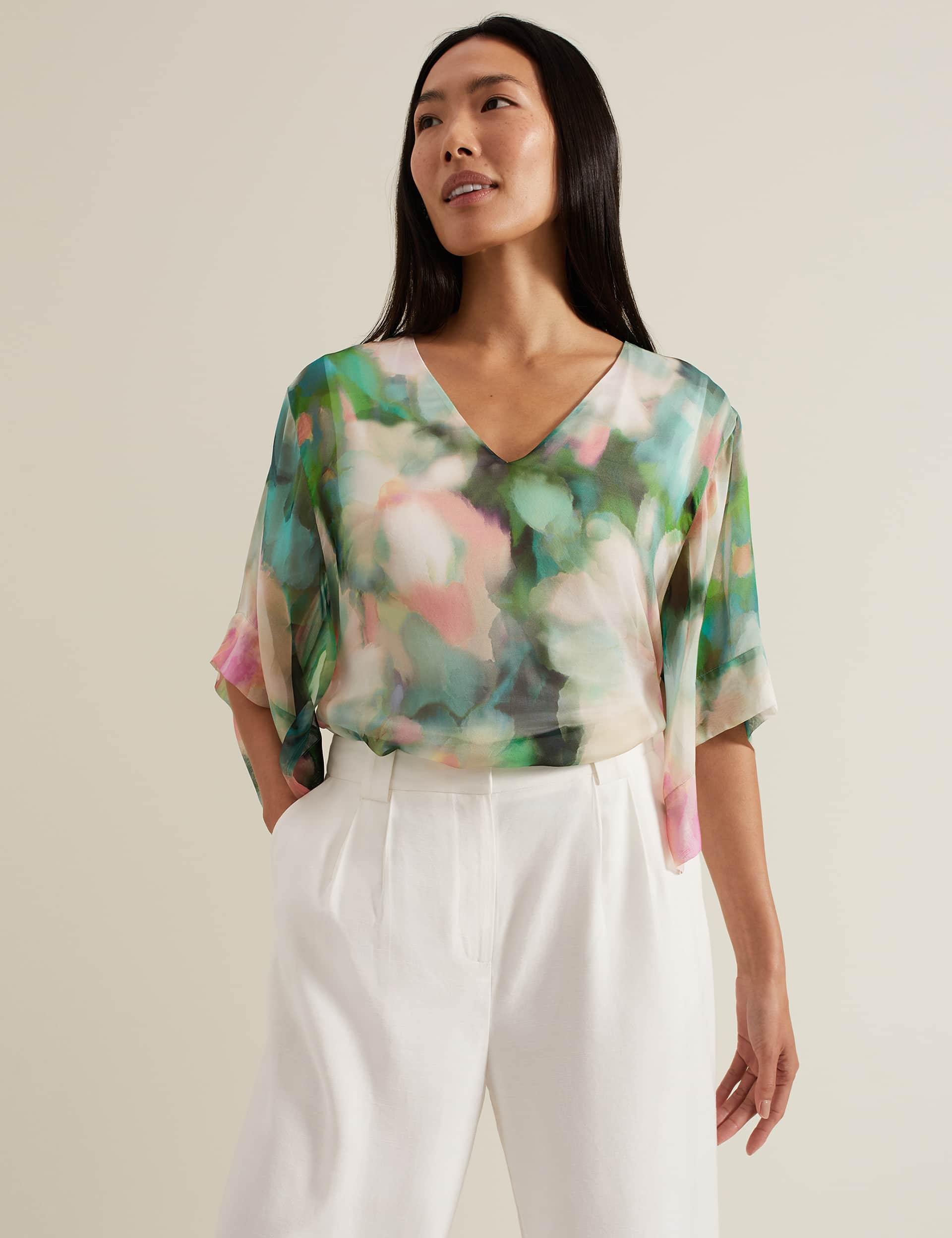 Phase Eight Women's Pure Silk Floral V-Neck Blouse - Green Mix, Green Mix