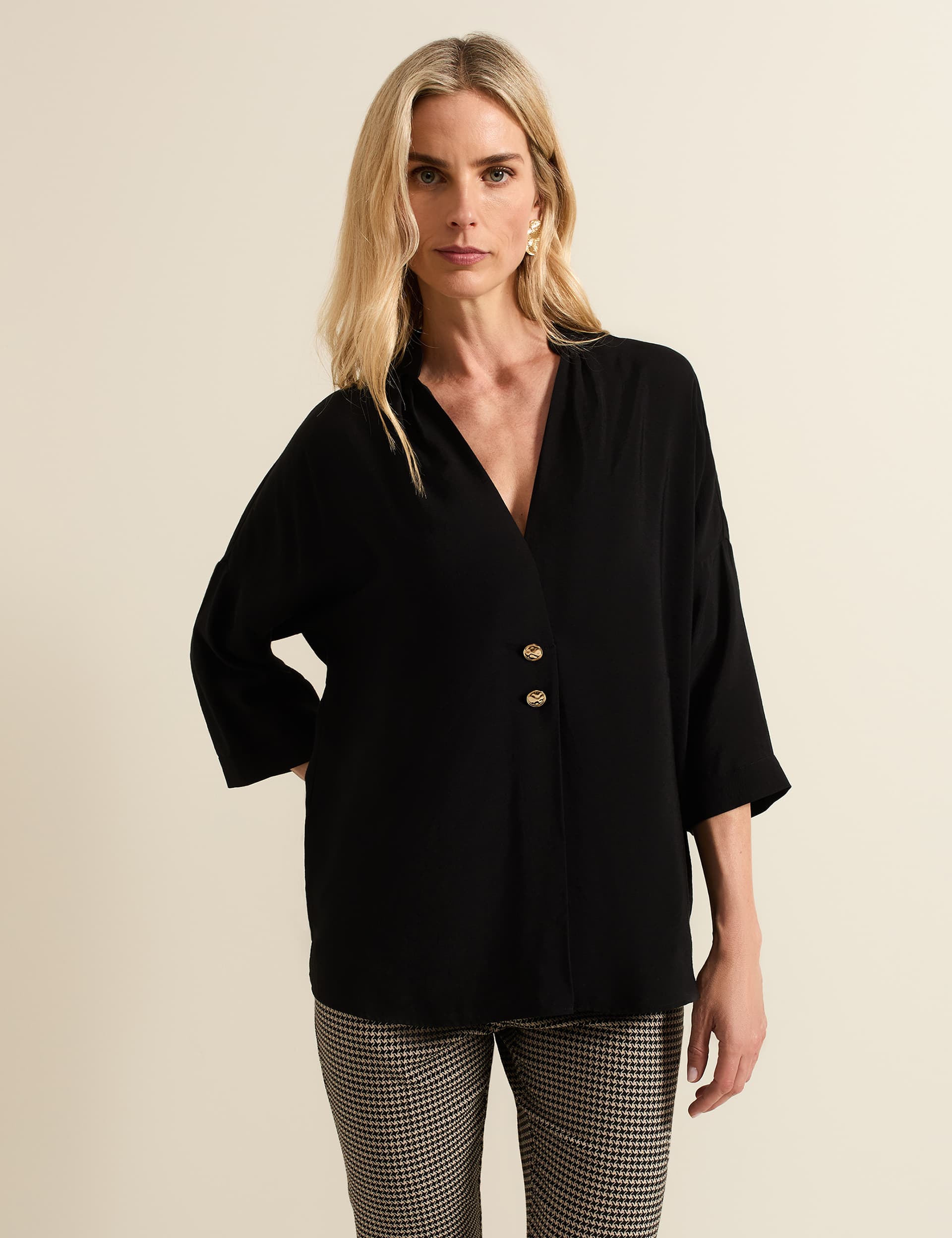 Phase Eight Women's V-Neck Button Detail Shirt - Black, Black