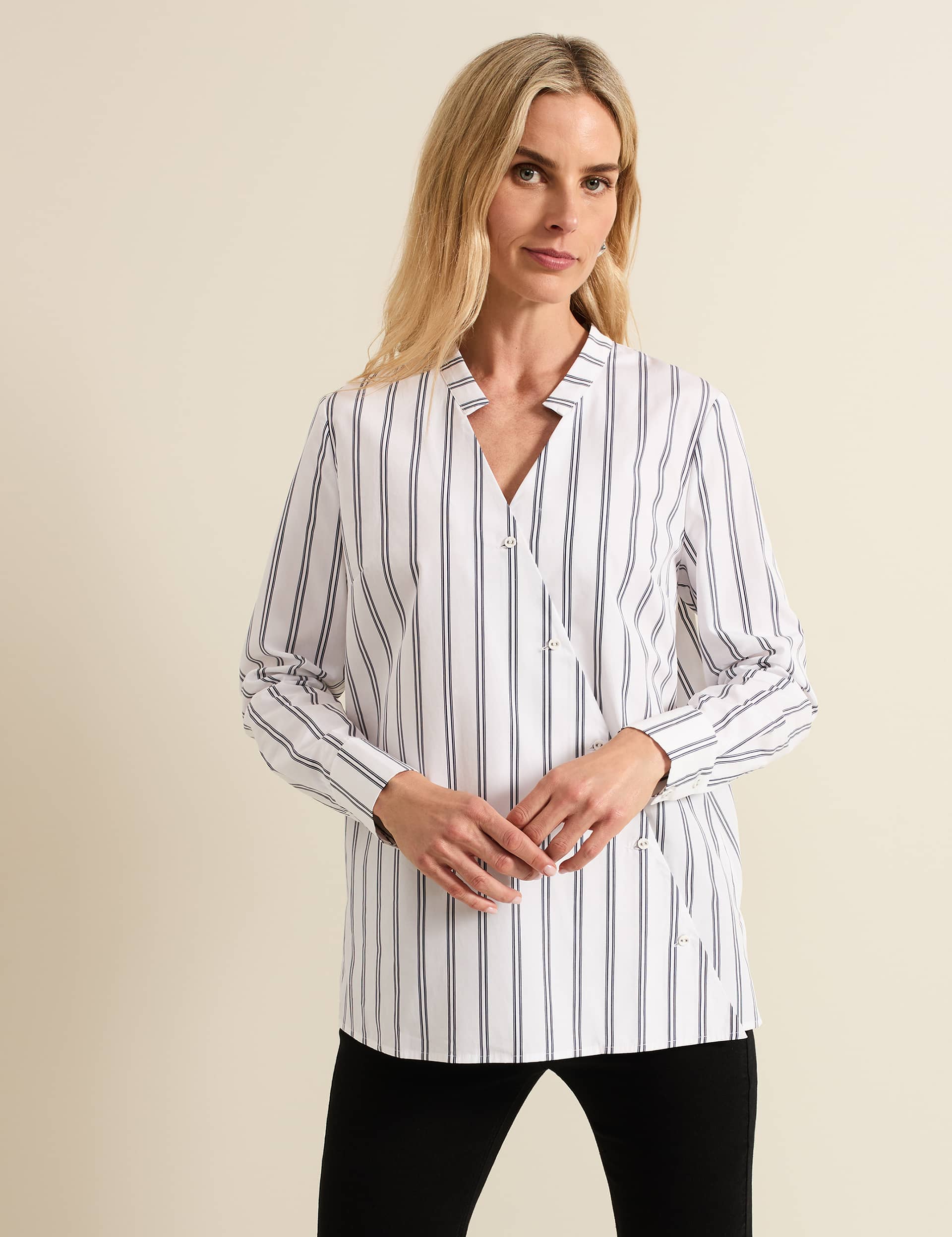 Phase Eight Women's Pure Cotton Striped Notch Neck Shirt - 12 - White Mix, White Mix