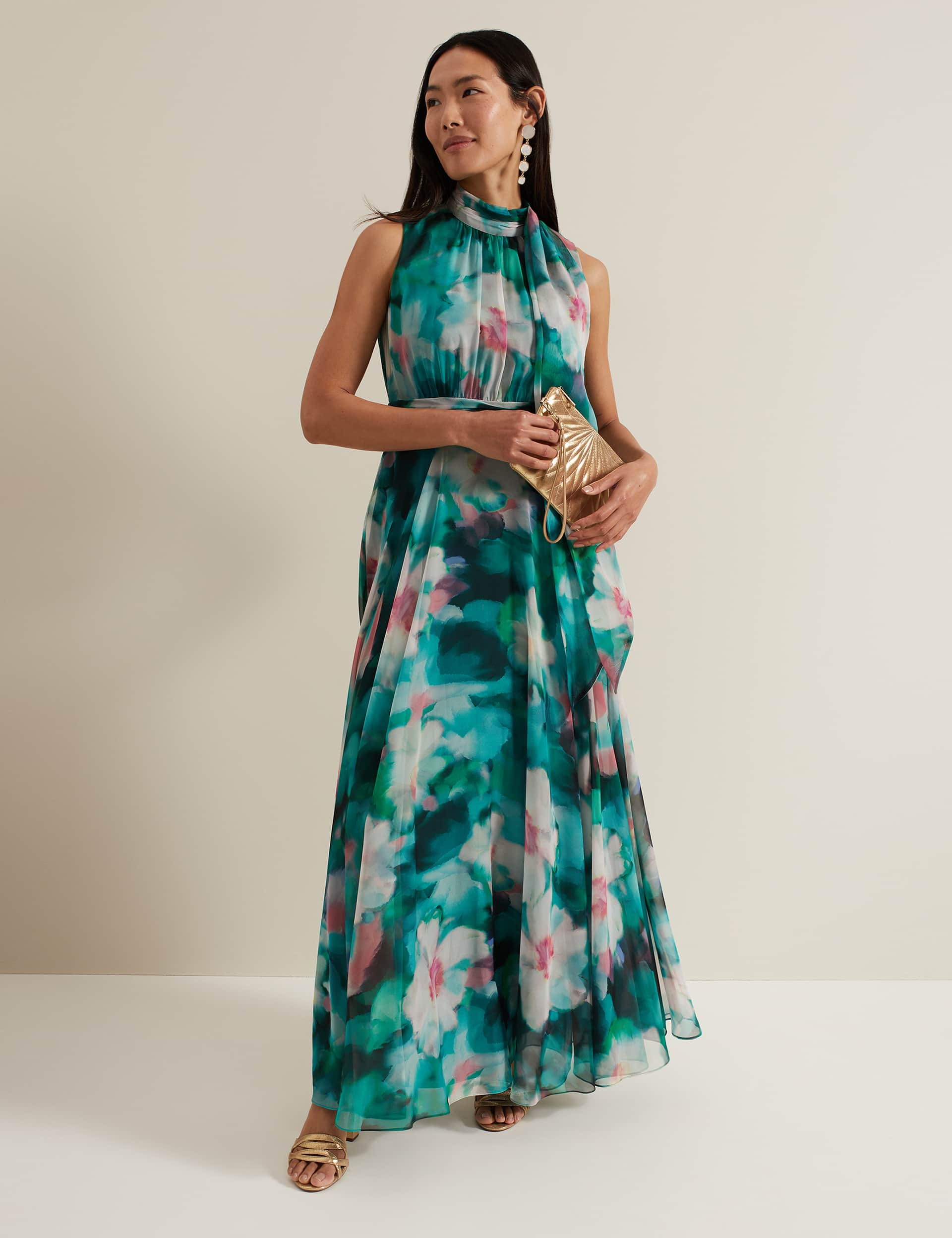Phase Eight Women's Chiffon Floral Tie Neck Maxi Skater Dress