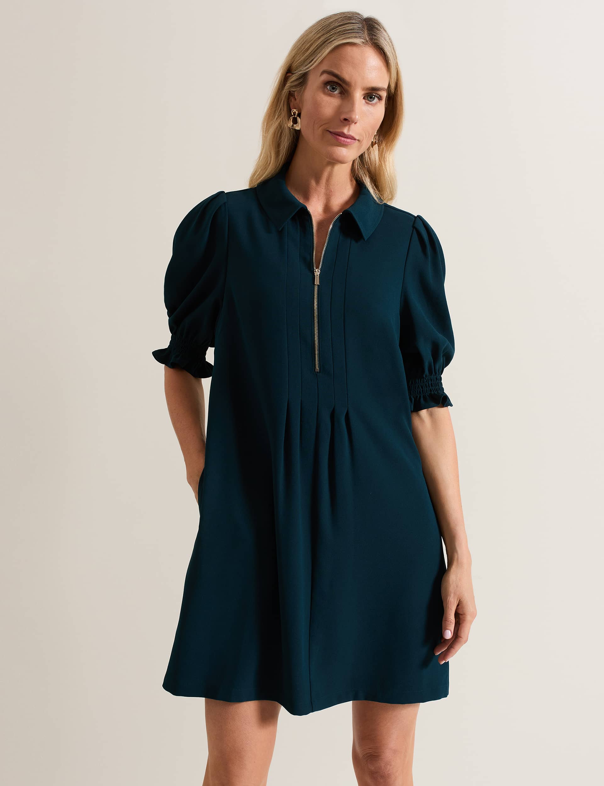 Phase Eight Women's Collared Zip Up Mini Swing Dress - 12 - Teal, Teal