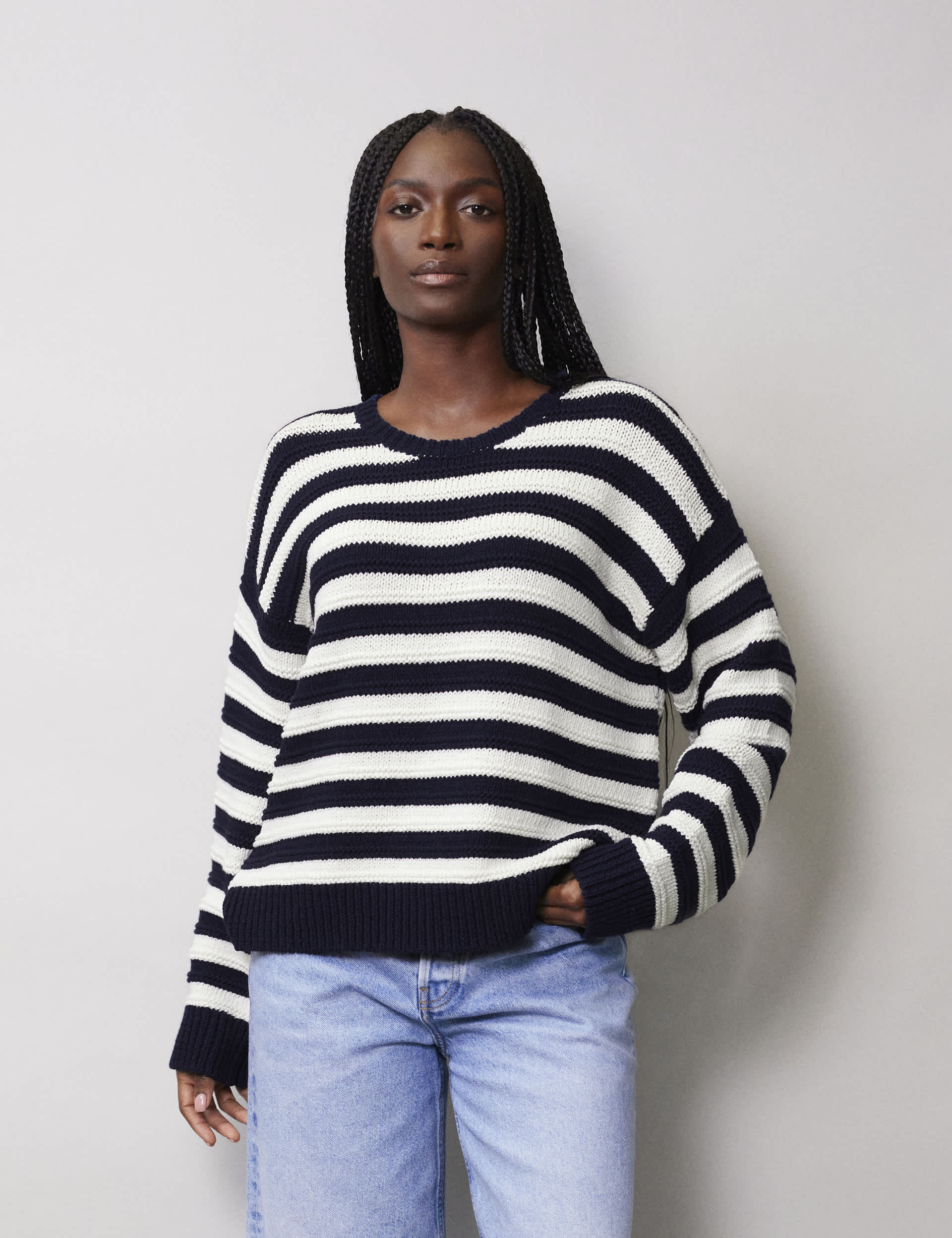 Albaray Women's Pure Cotton Striped Crew Neck Jumper - 10 - Navy, Navy