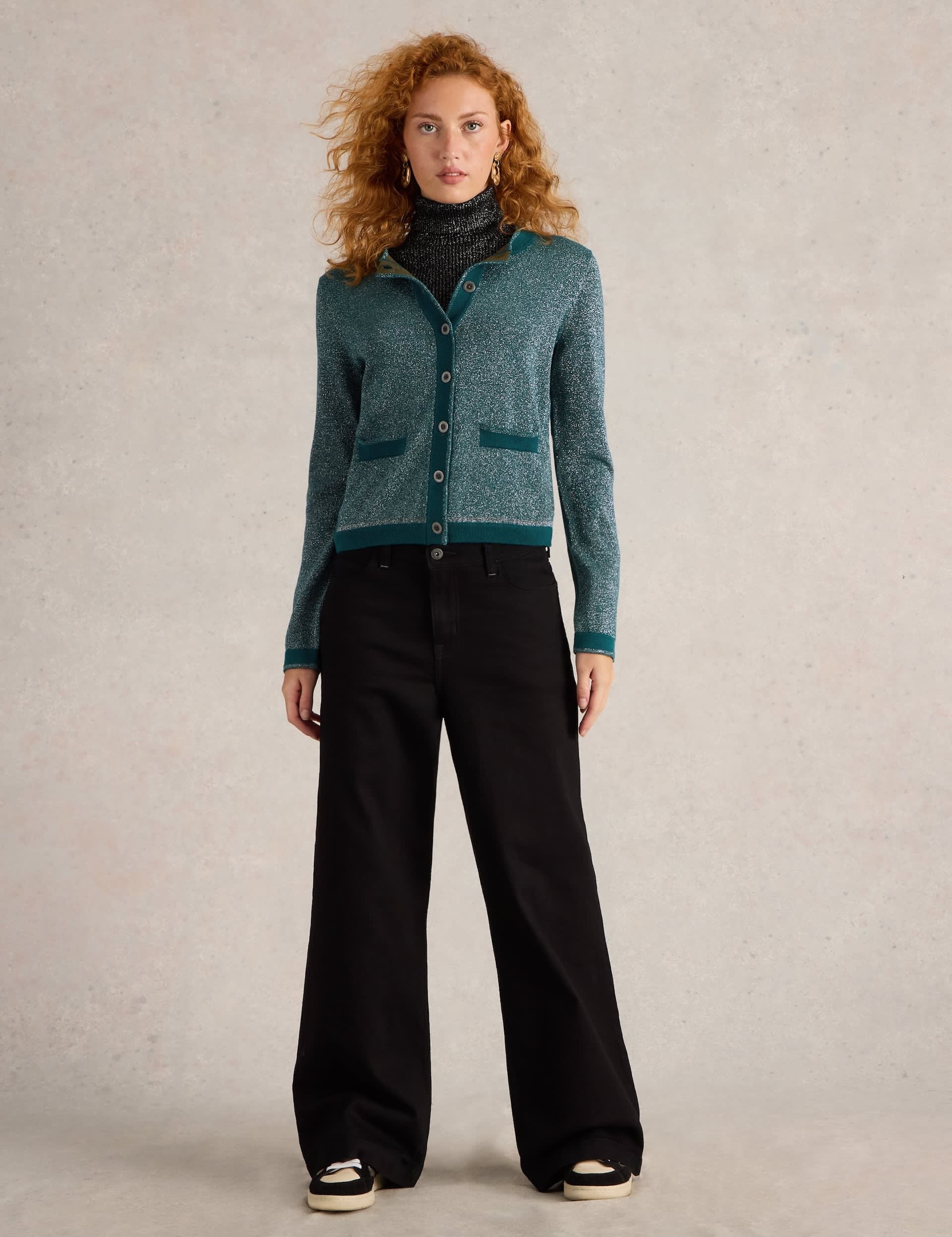 White Stuff Women's Cotton Rich Sparkly Crew Neck Cardigan - 12 - Teal, Teal,Black