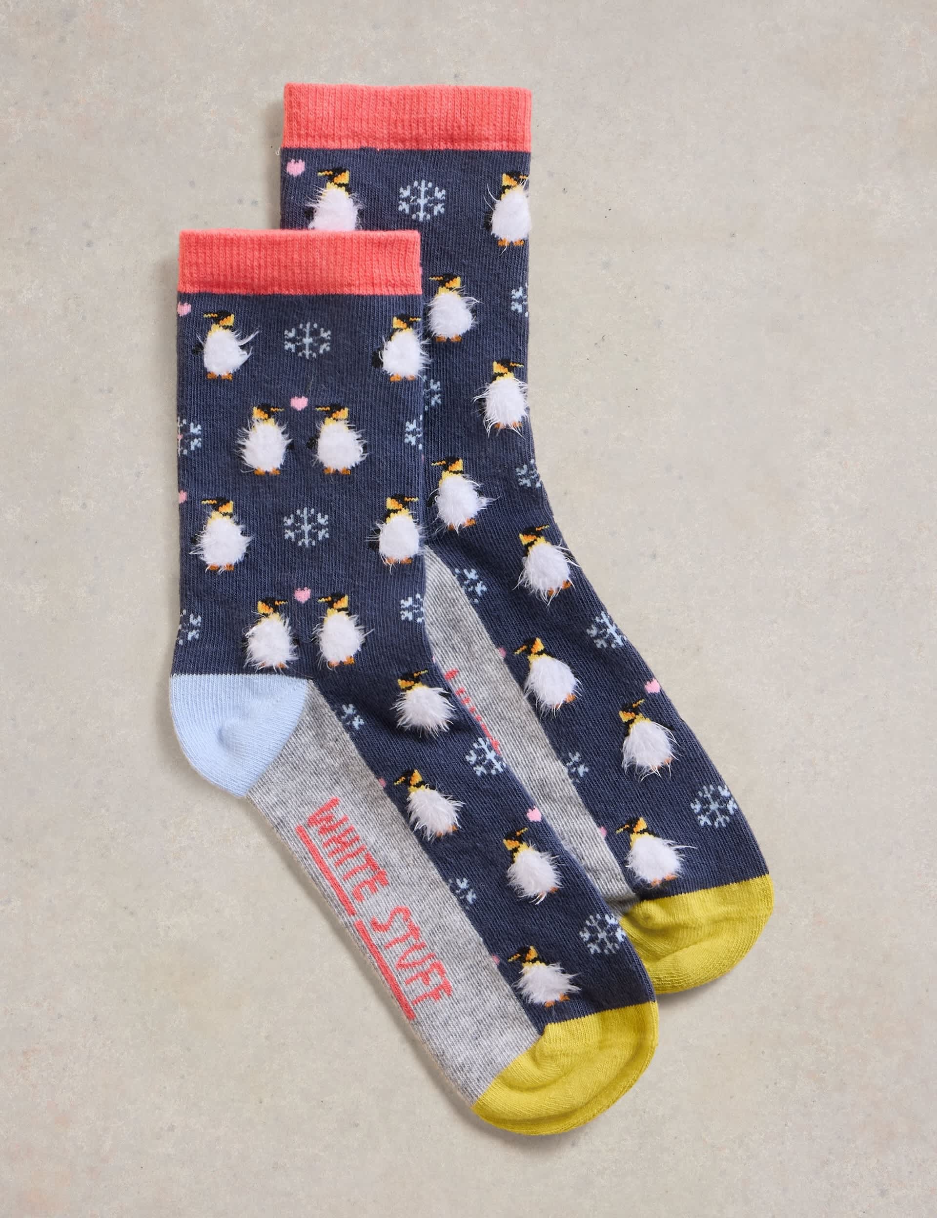 White Stuff Women's Cotton Rich Penguin Ankle High Fluffy Socks - 6-8 - Navy Mix, Navy Mix