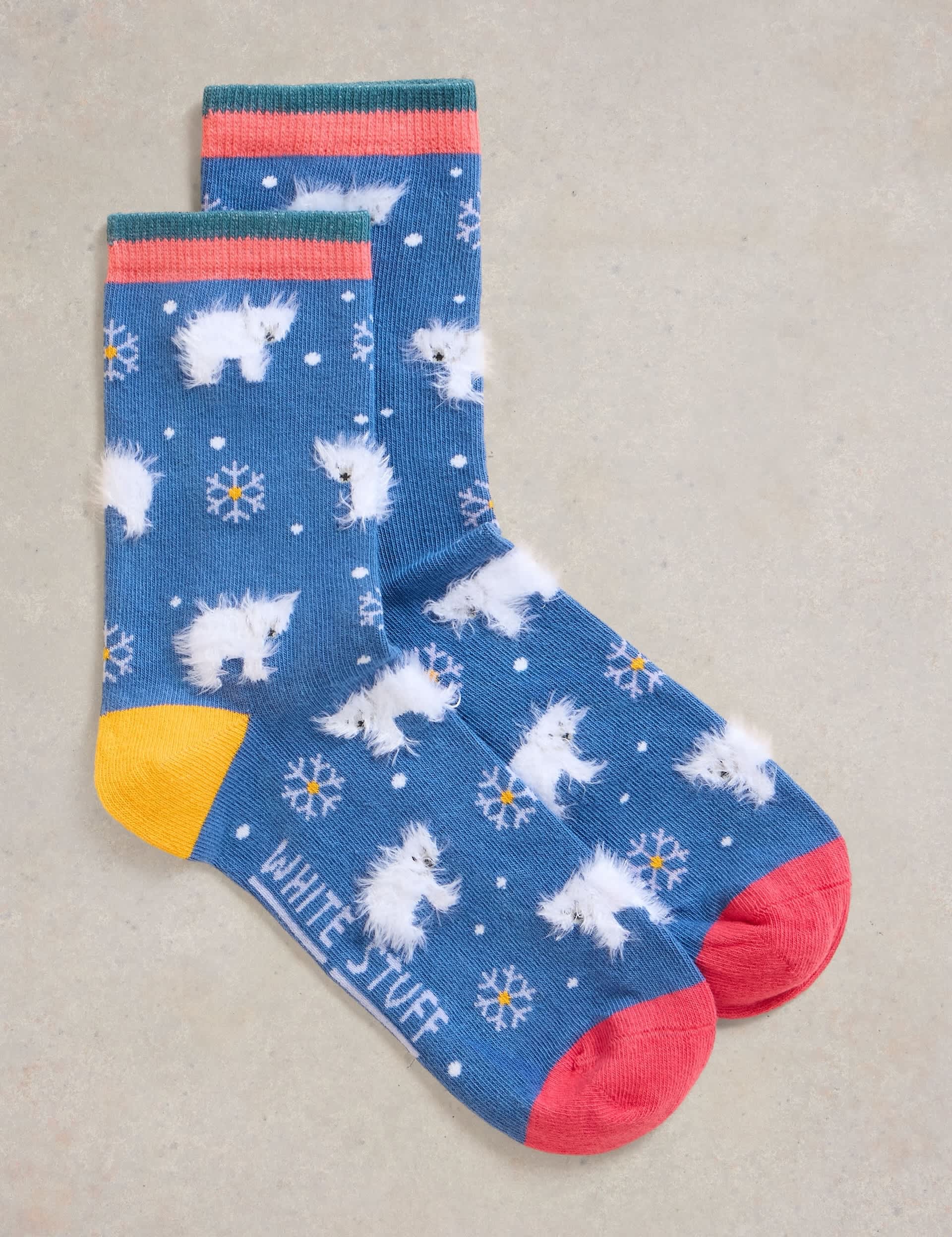 White Stuff Women's Cotton Rich Polar Bear Ankle High Socks - 3-5 - Blue Mix, Blue Mix