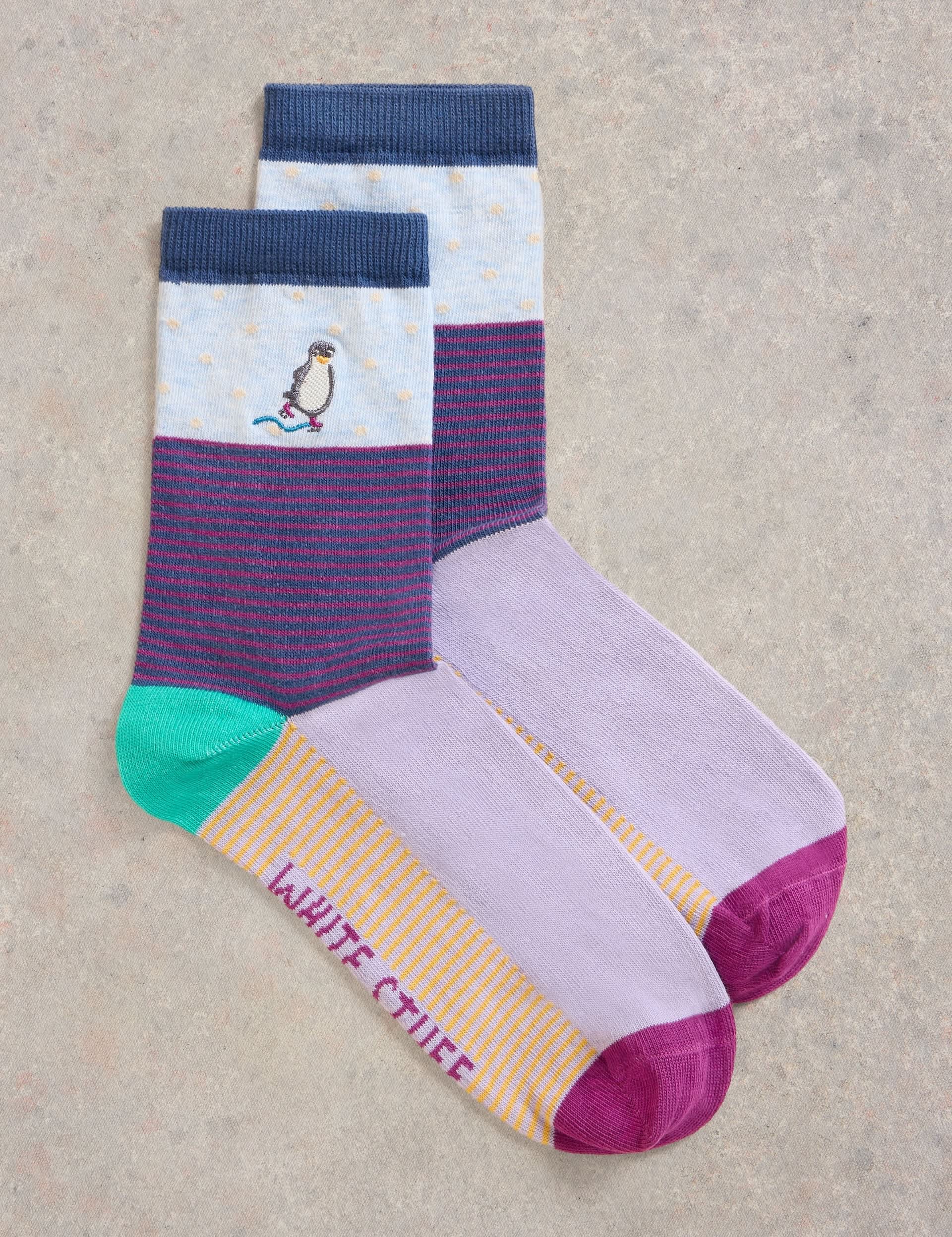 White Stuff Women's Cotton Rich Penguin Ankle High Socks - 6-8 - Blue Mix, Blue Mix