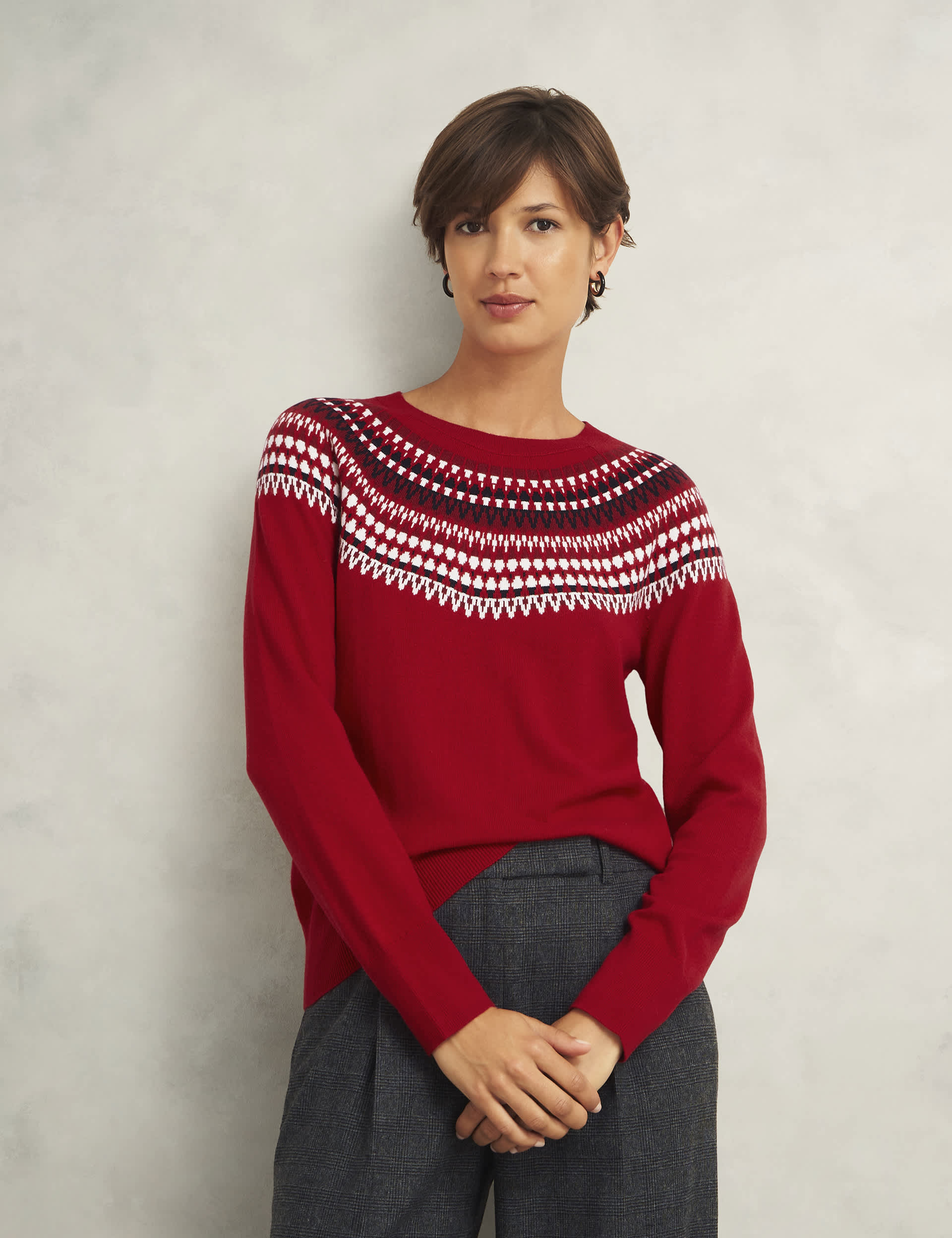 Hobbs Women's Merino Blend Fairisle Crew Neck Jumper - Red Mix, Ivory Mix,Red Mix