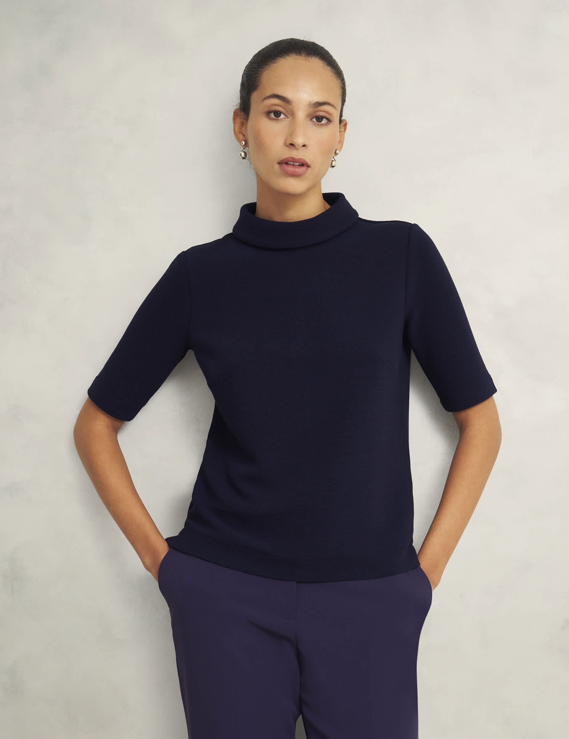 Hobbs Women's Cotton Blend Roll Neck Top - M - Navy, Navy,Sky Blue,Blue