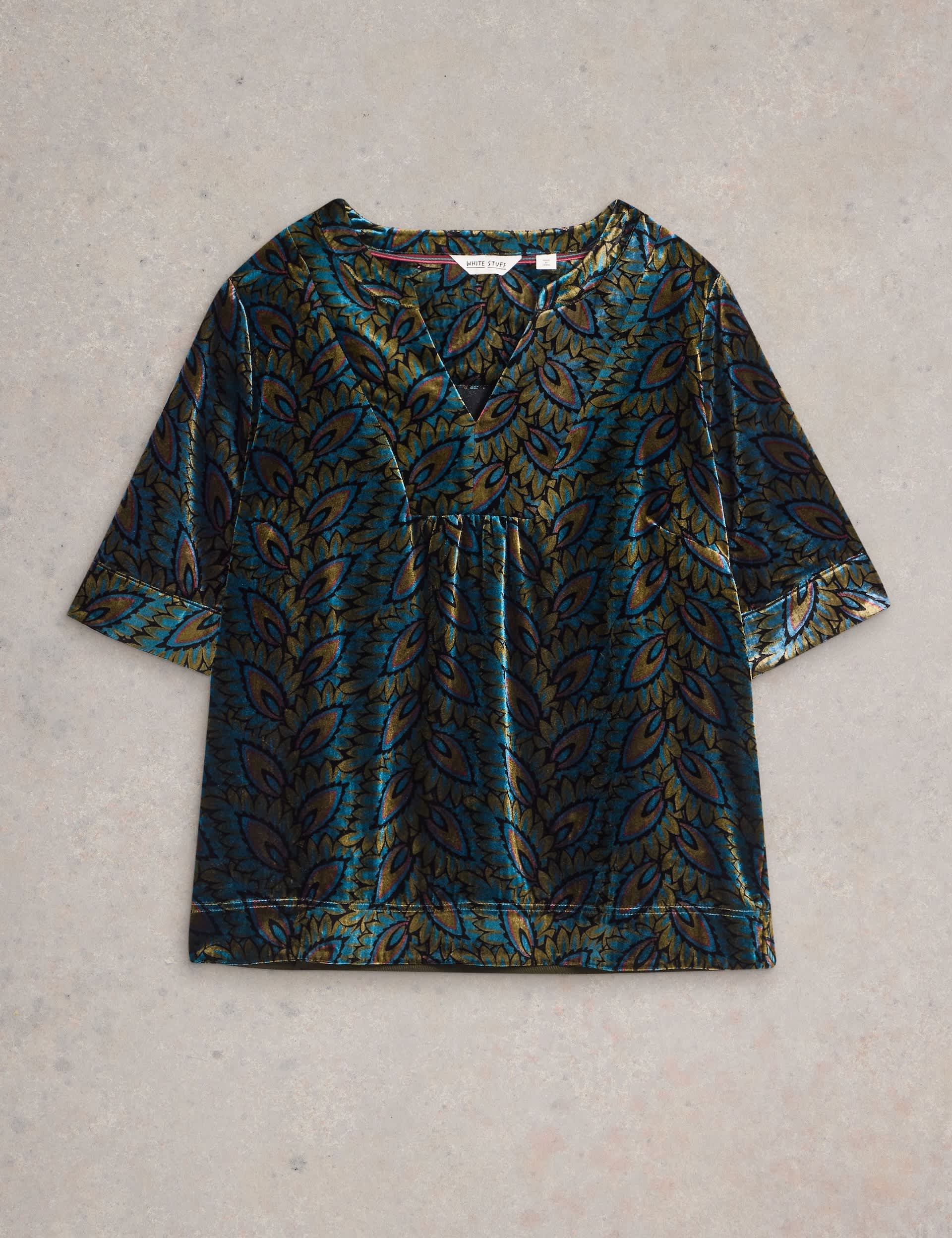 White Stuff Women's Velvet Printed Notch Neck Blouse - 6 - Teal Mix, Teal Mix