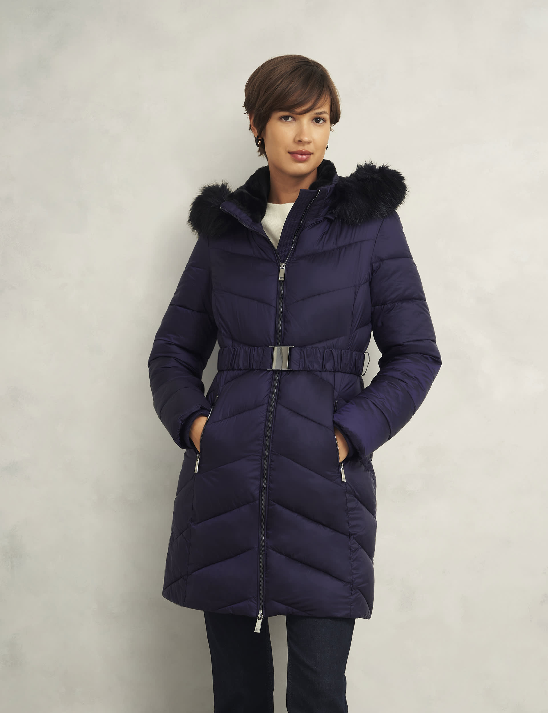 Hobbs Women's Padded Hooded Belted Longline Puffer Coat - 12REG - Navy, Navy