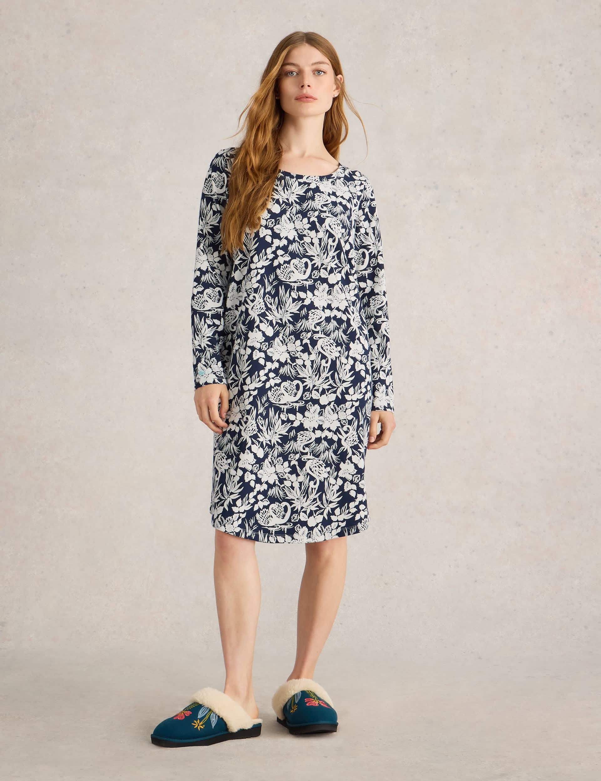 White Stuff Women's Pure Cotton Jersey Leaf Print Nightdress - M - Navy Mix, Navy Mix