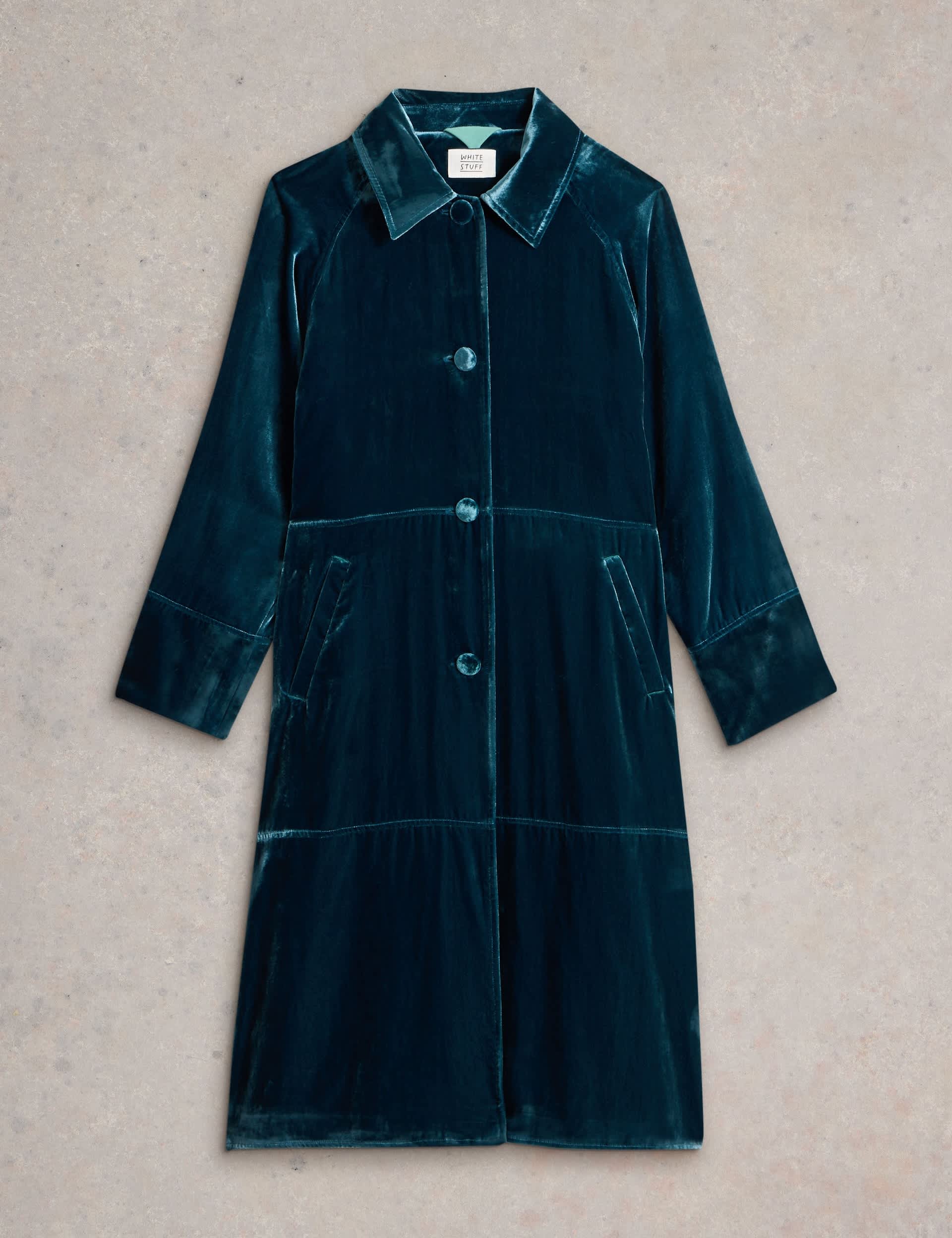 White Stuff Women's Velvet Relaxed Collared Longline Duster Coat - Teal, Teal