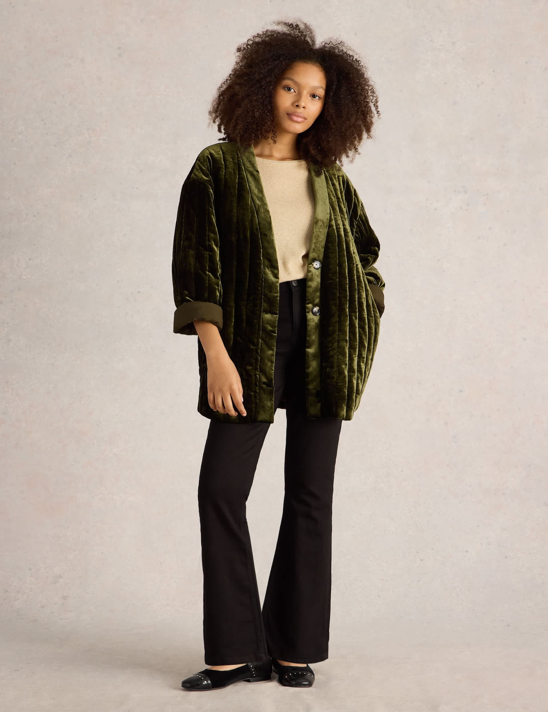 White Stuff Women's Velvet Quilted Relaxed Kimono Jacket - Green, Green