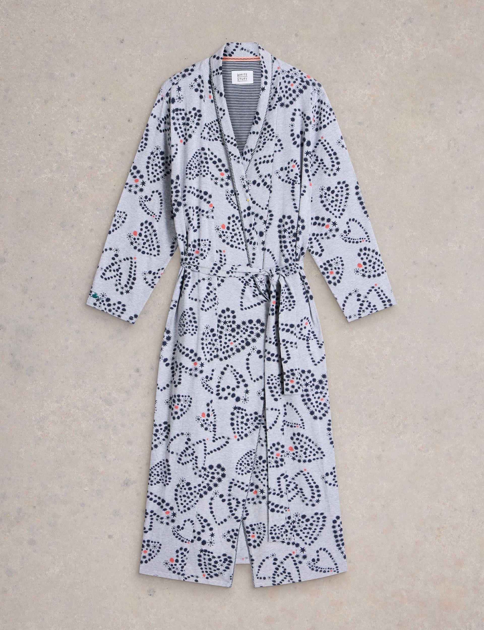 White Stuff Women's Pure Cotton Jersey Printed Dressing Gown - Grey Mix, Grey Mix