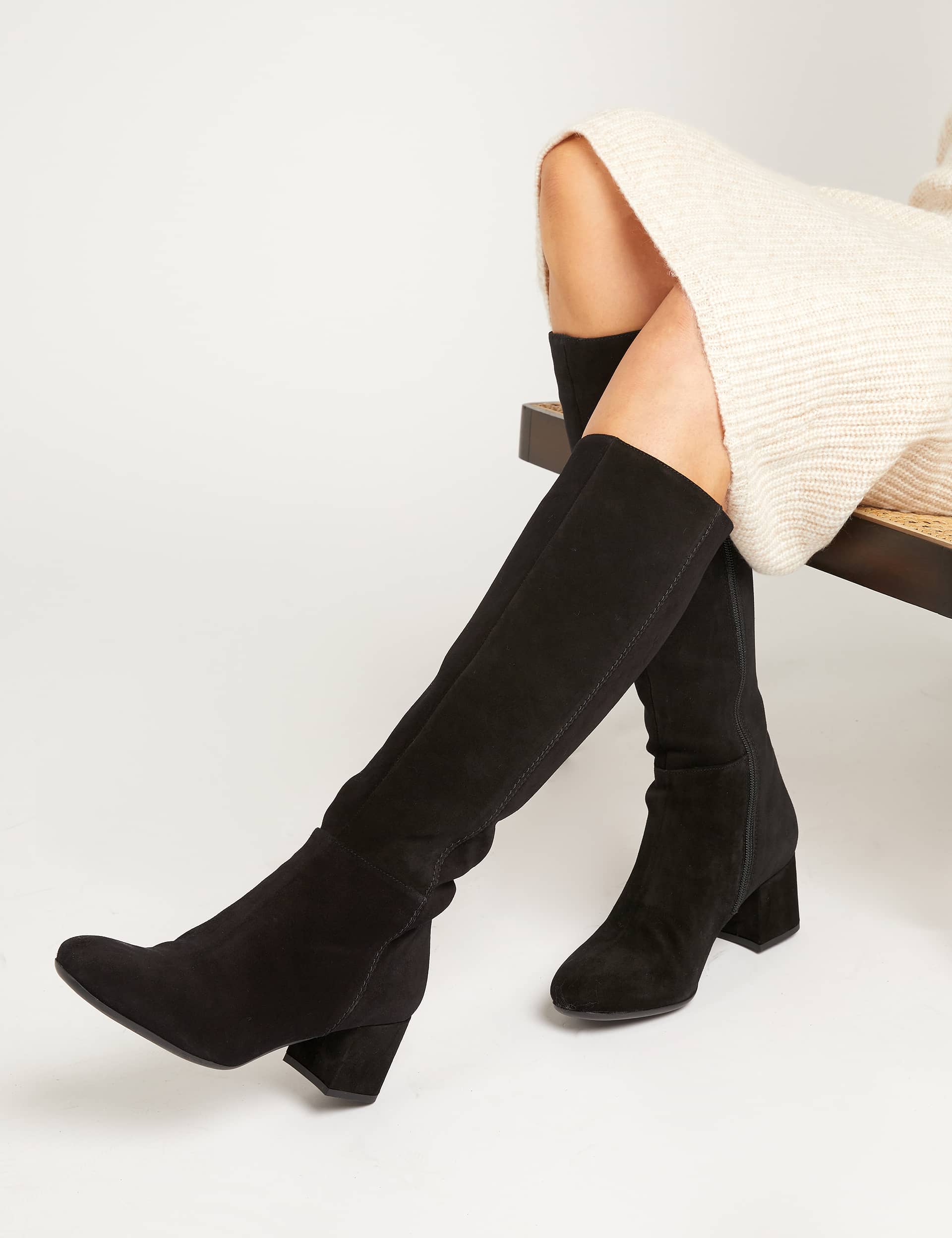 Jones Bootmaker Women's Suede Block Heel Knee High Boots - 6SLC - Black, Black