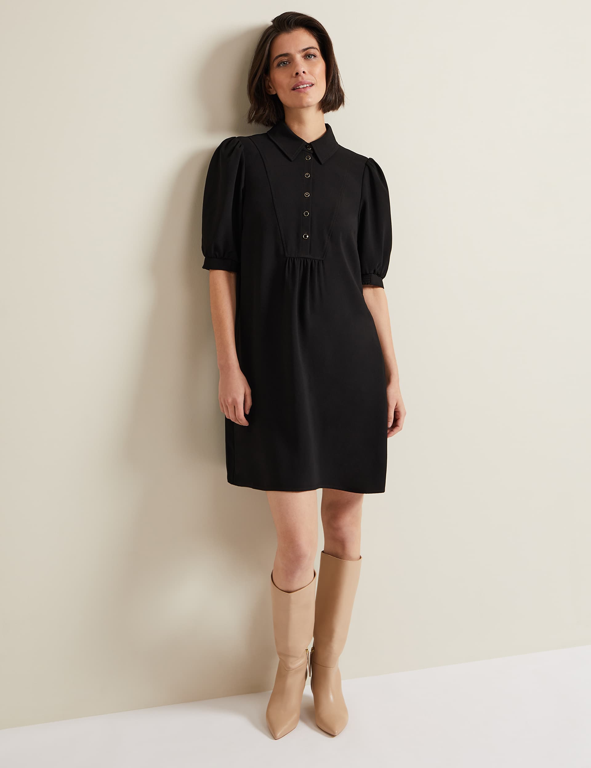 Phase Eight Women's Collared Button Detail Mini Swing Dress - 16 - Black, Black