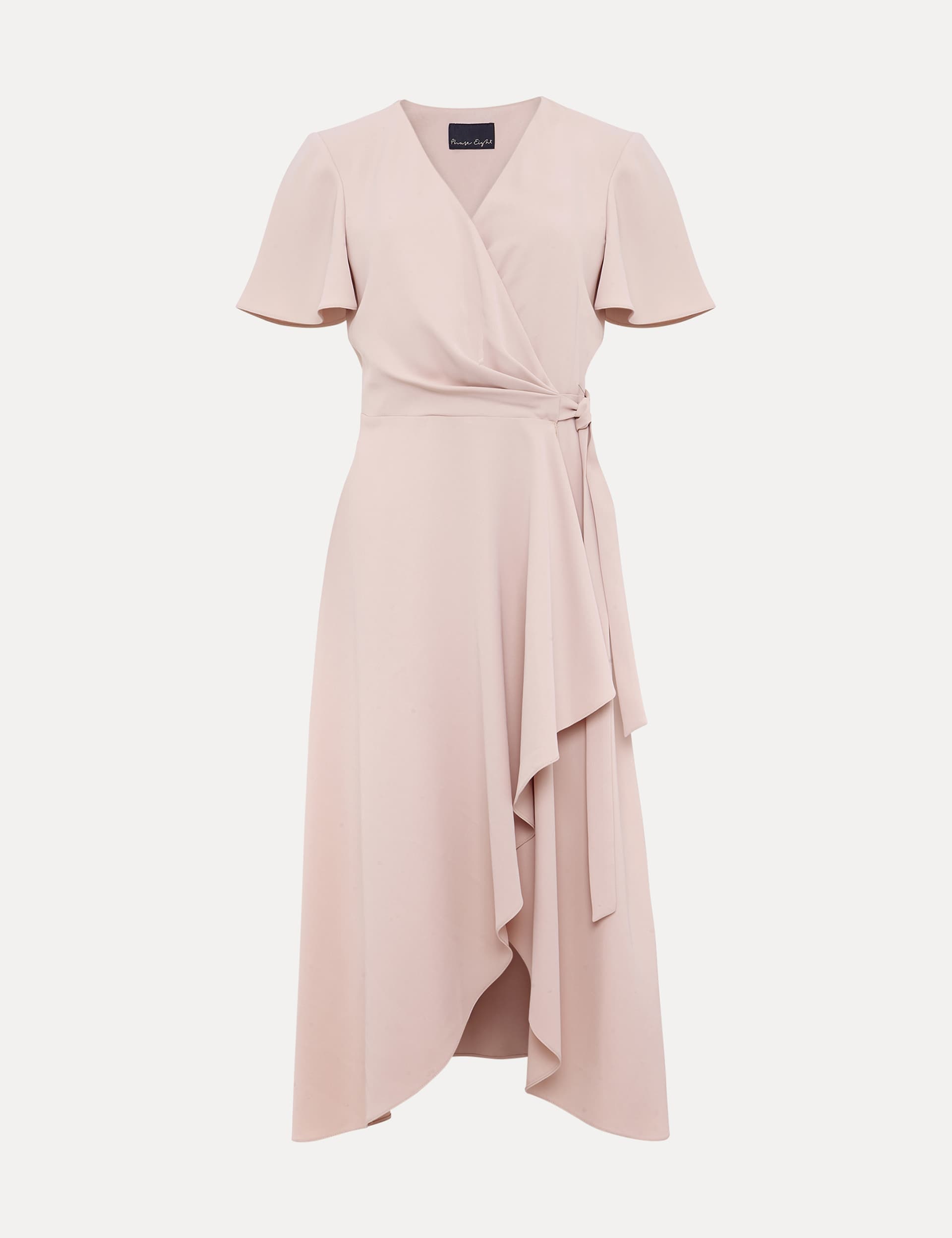 Phase Eight Women's V-Neck Ruffle Angel Sleeve Midi Wrap Dress - 8 - Pink, Pink