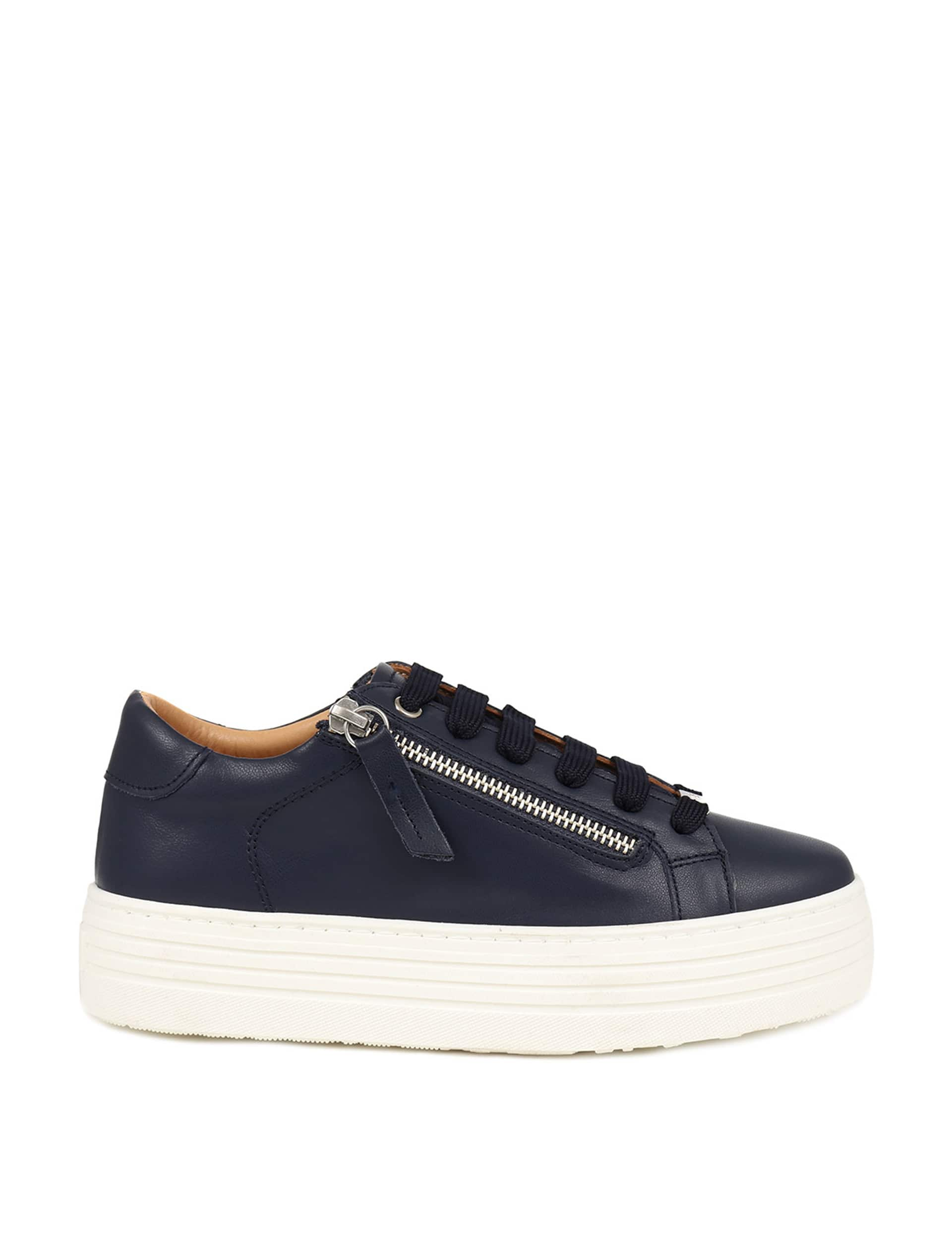 Jones Bootmaker Women's Leather Lace Up Flatform Trainers - 6 - Navy, White,Navy,Silver